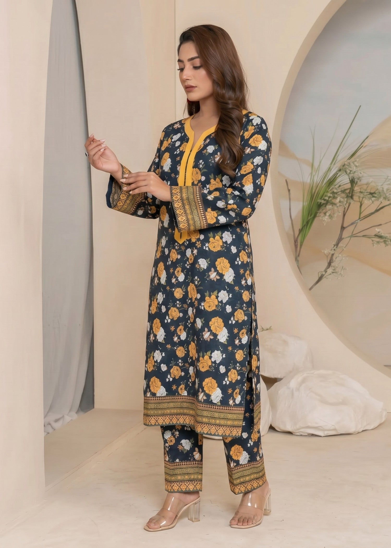 lawn Kurta Set in Prussian blue, banana