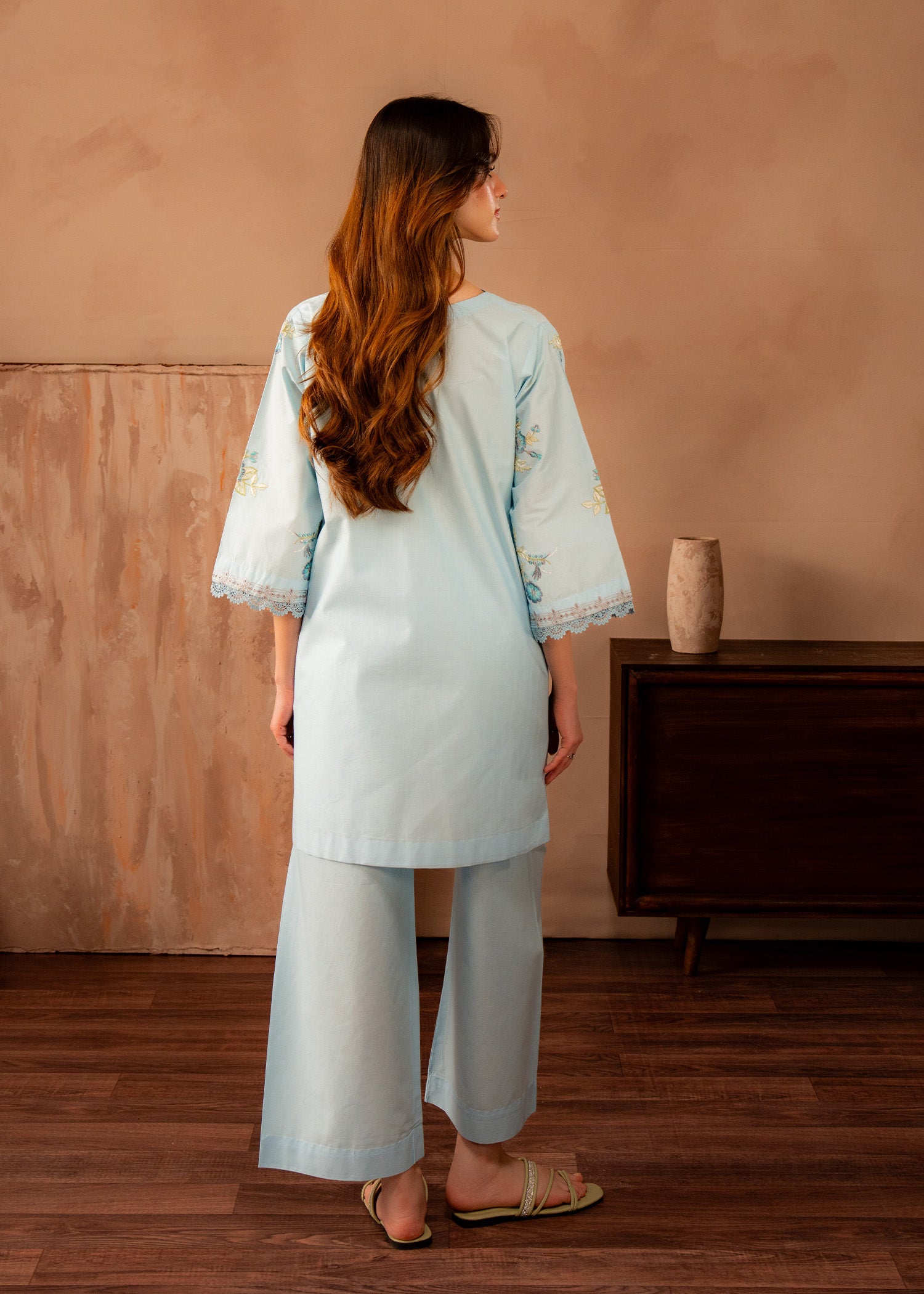 lawn Kurta Set in White, sky