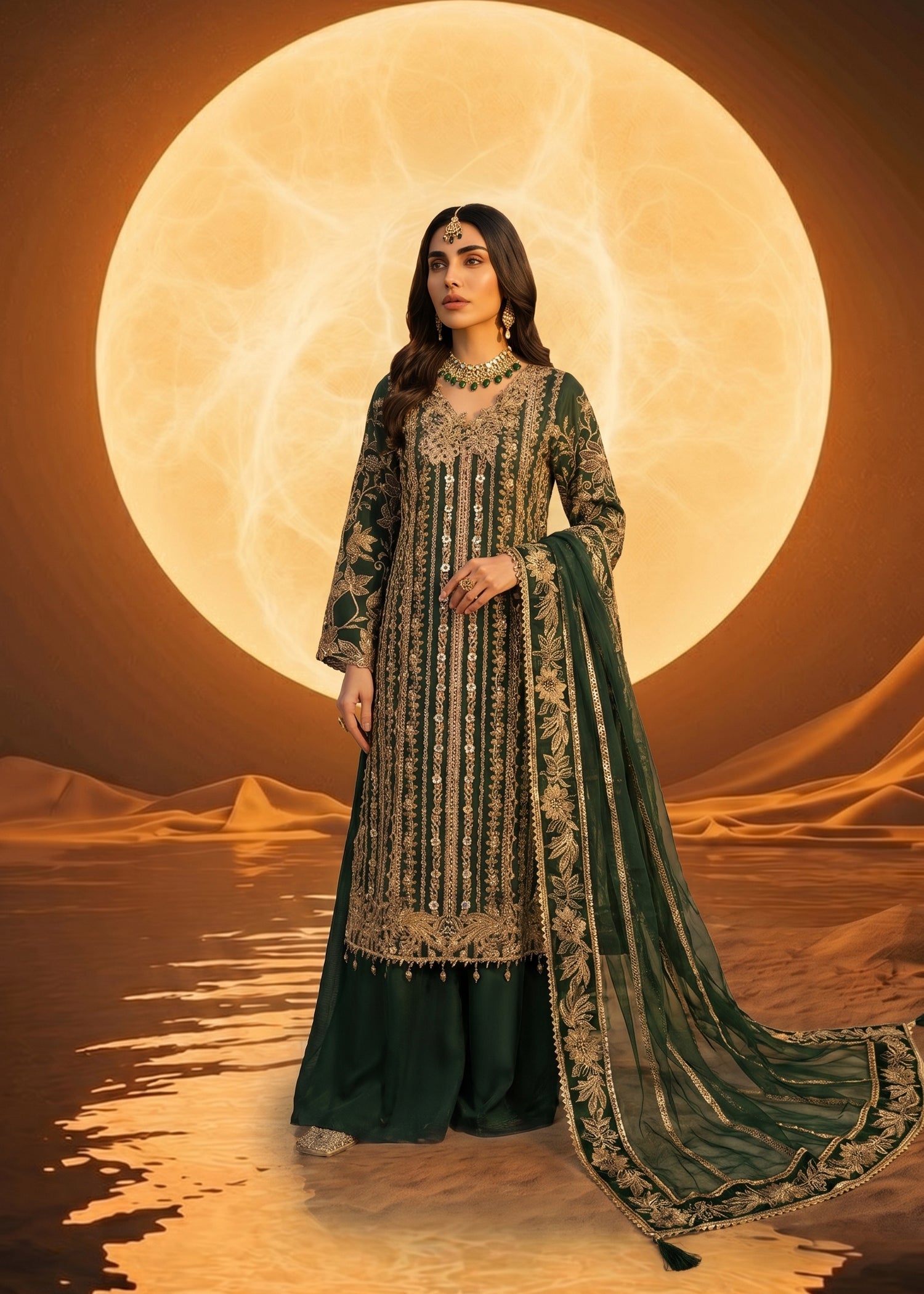 organza Lehenga in Bottle green