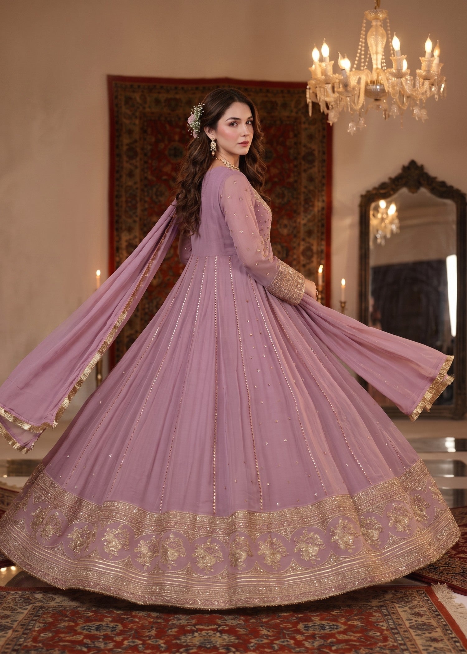 chiffon Anarkali in Mauve pink