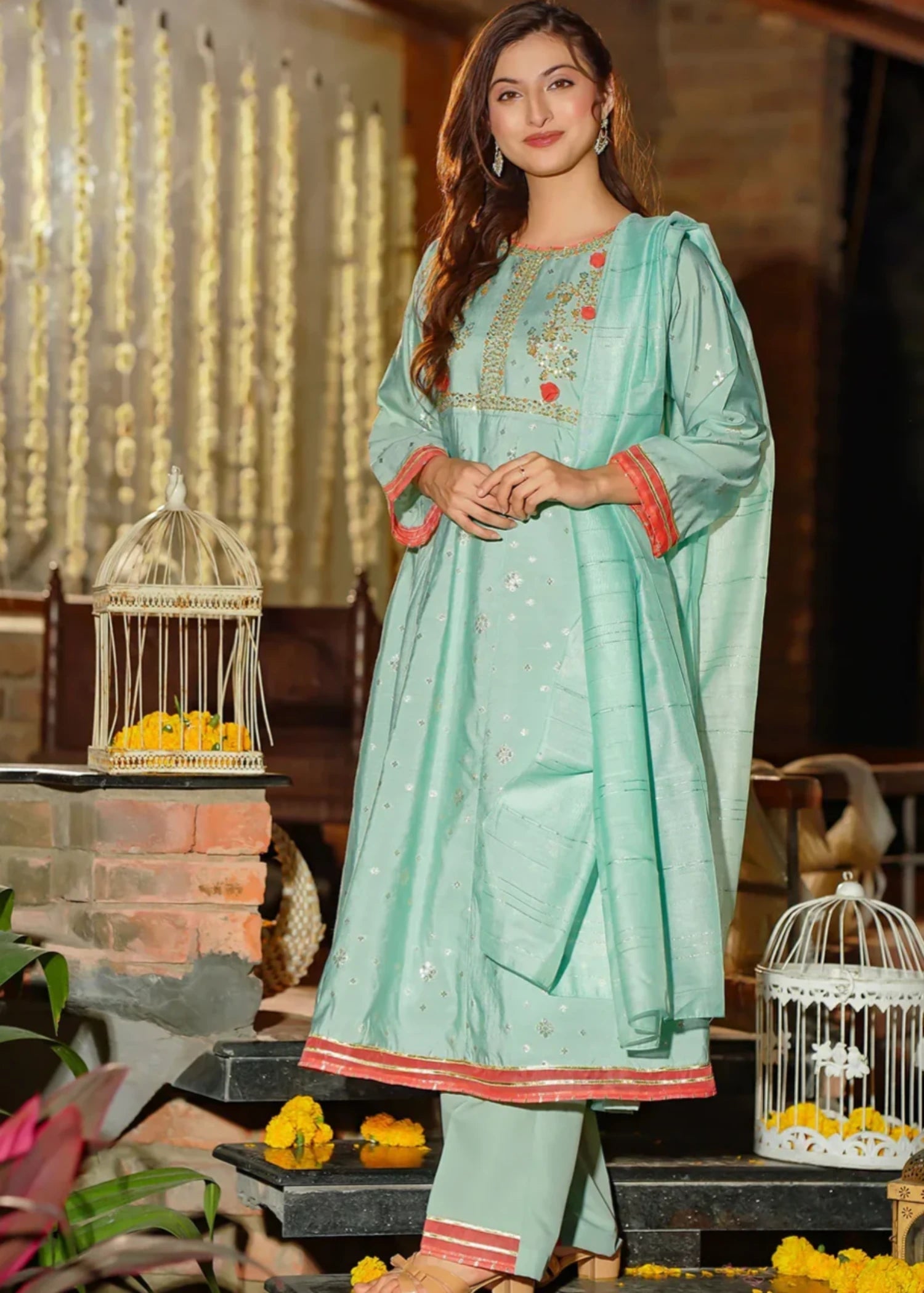 viscose jacquard Pishwas in Pastel green