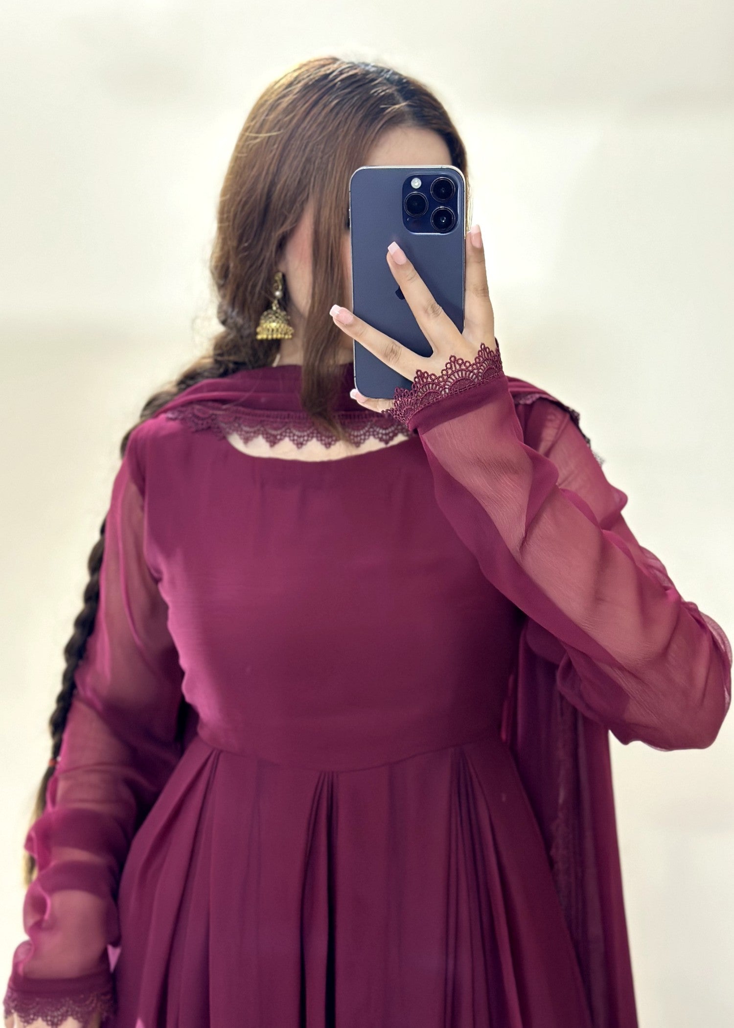bemberg crinkle chiffon Anarkali in Burgundy