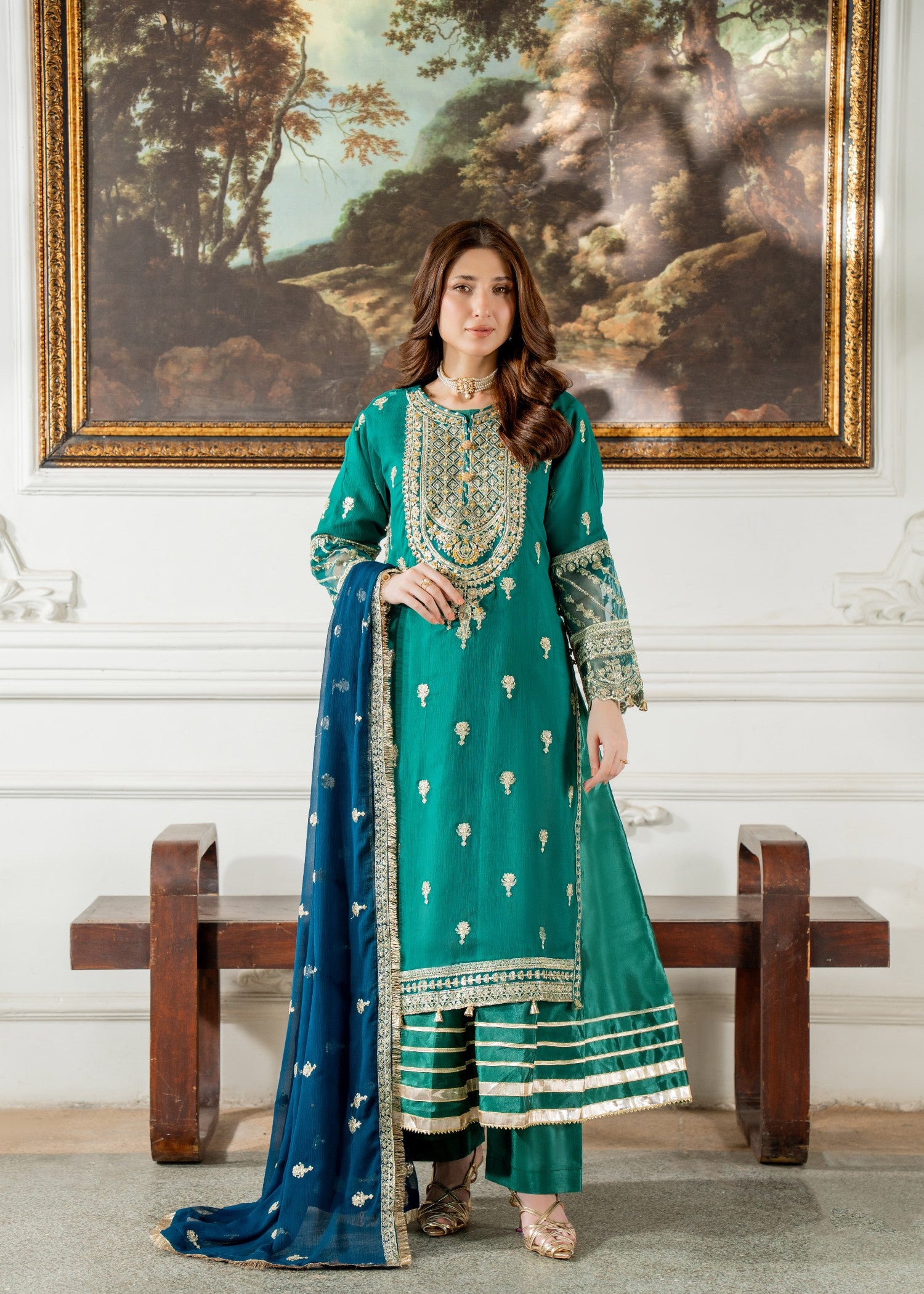 kattan silk Gown in Royal blue, teal