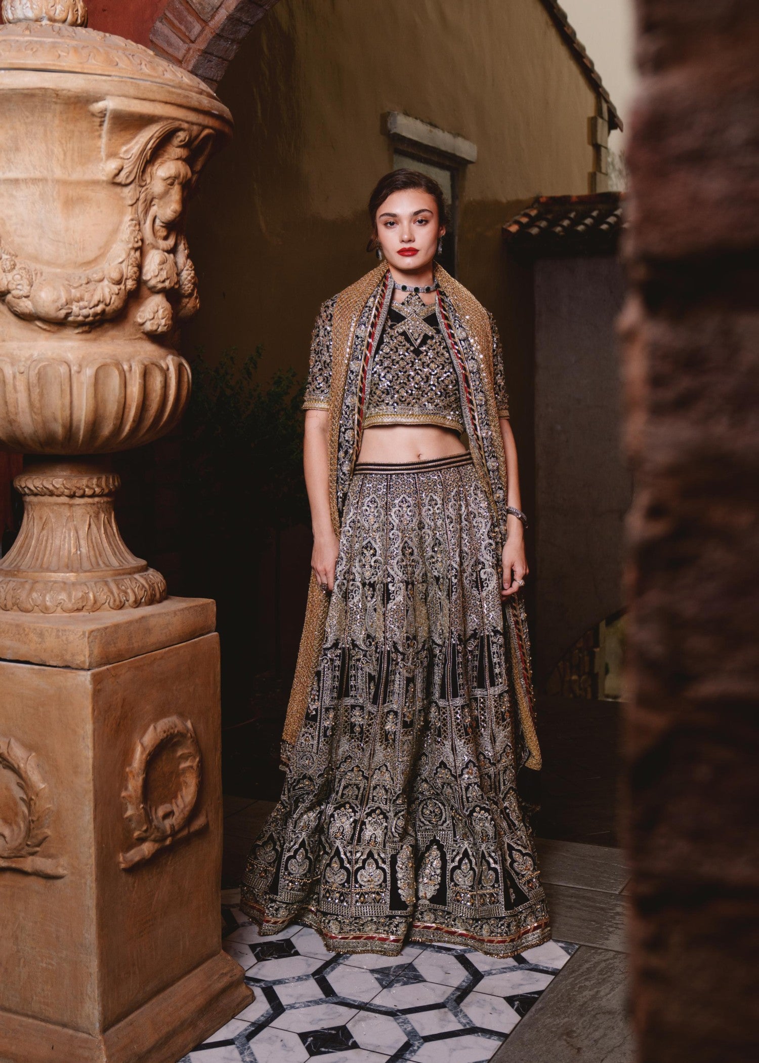 silk Lehenga in Yellow, black