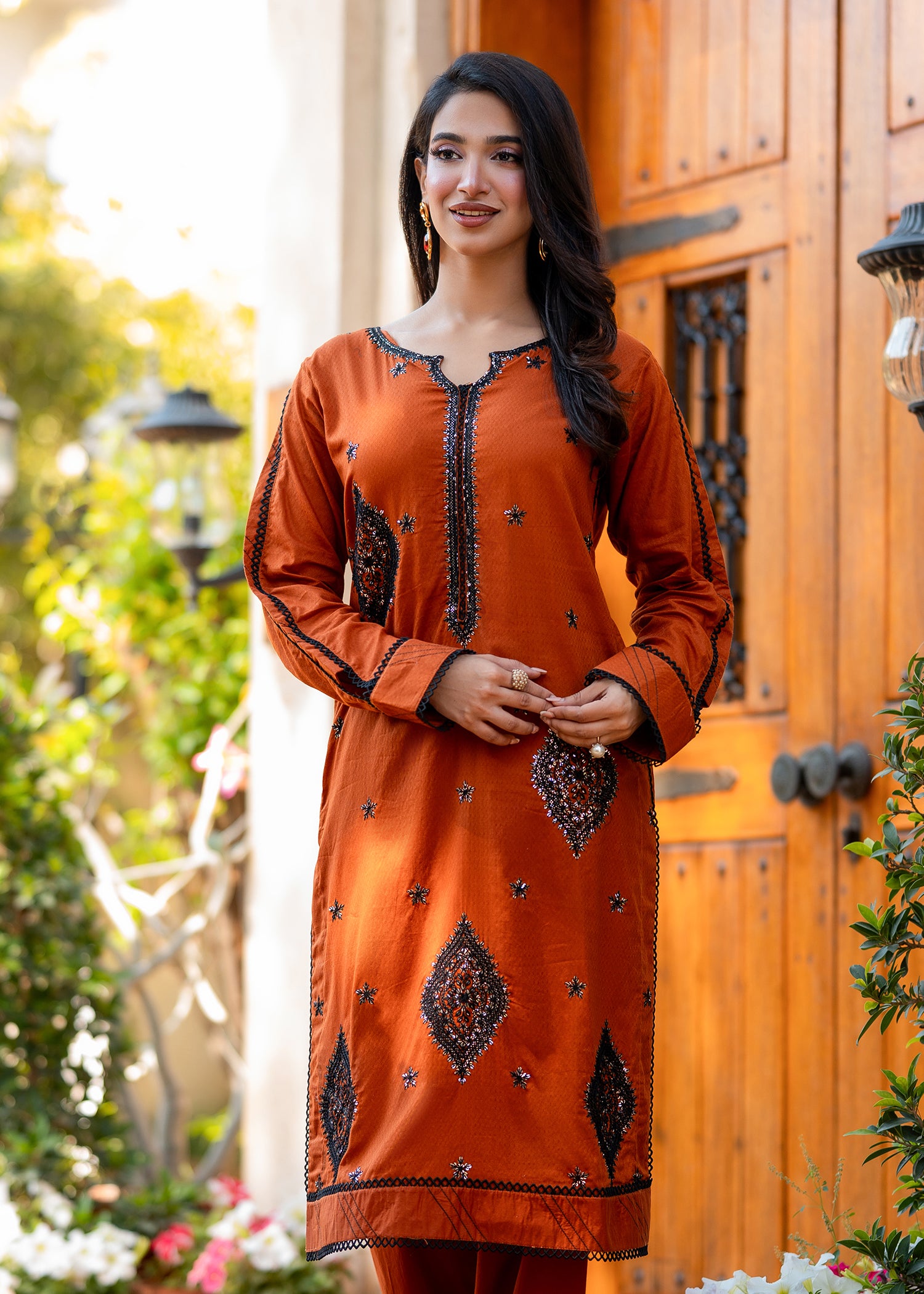 jacquard Kurta Set in Yellow-orange