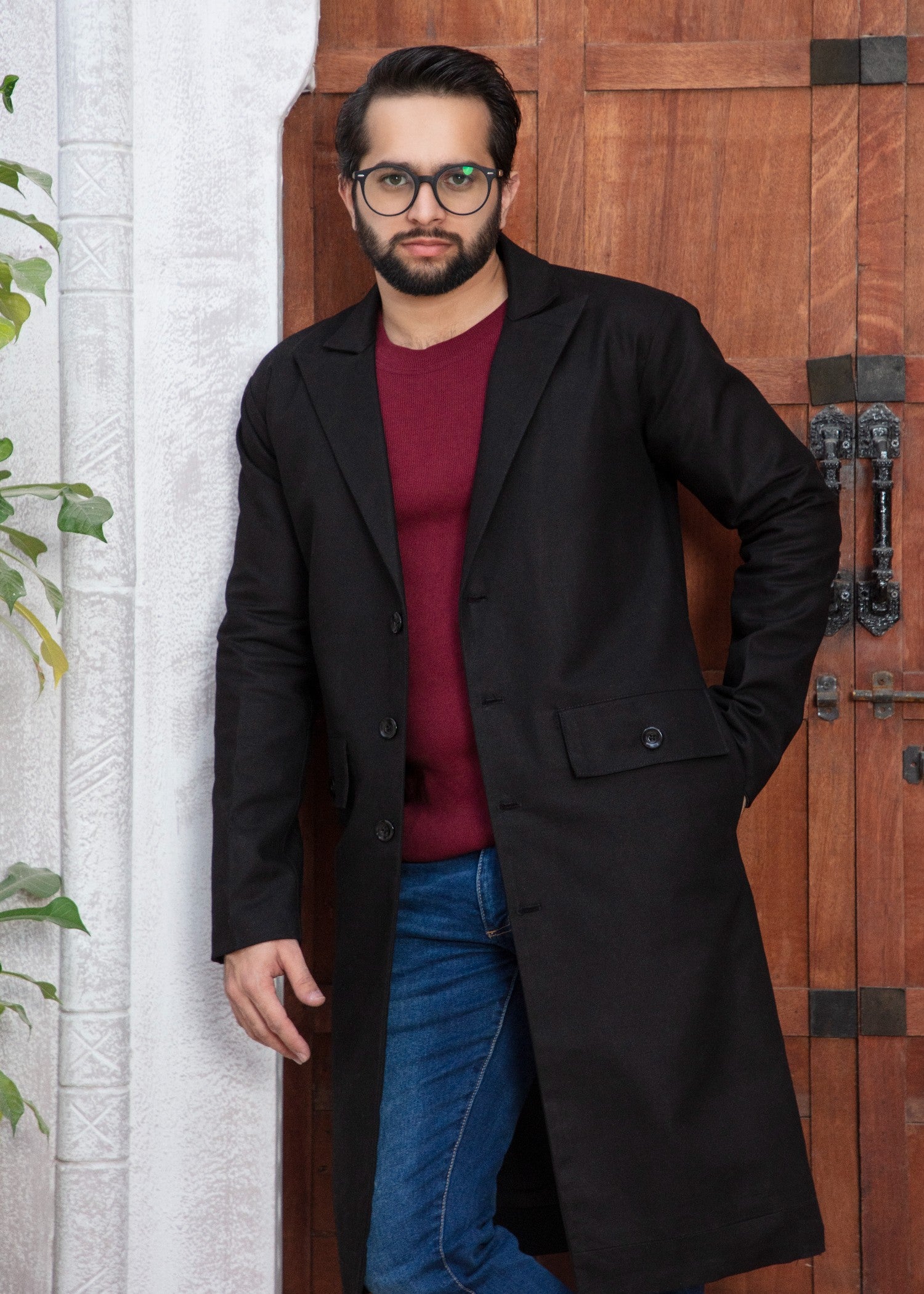 twill khaddar Coat in Black