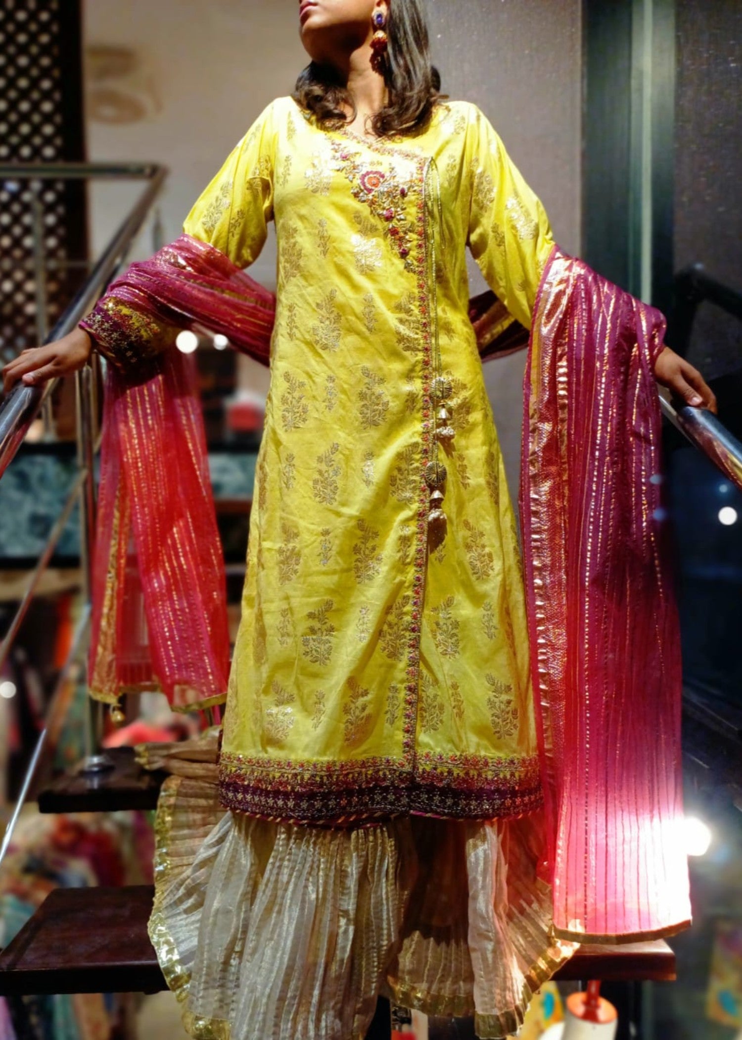 cotton jacquard Angrakha in Yellow