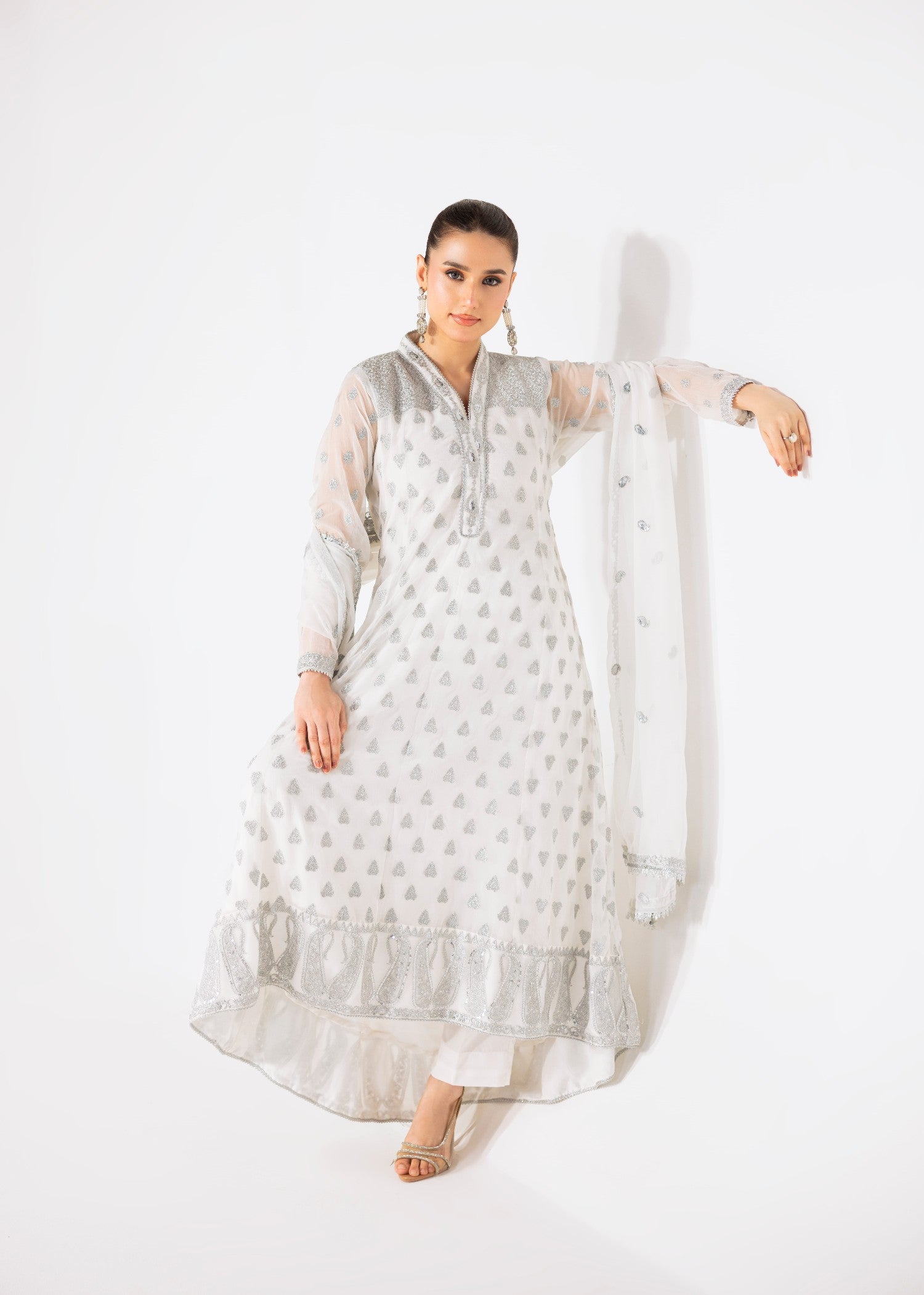 chiffon silk Pishwas in White
