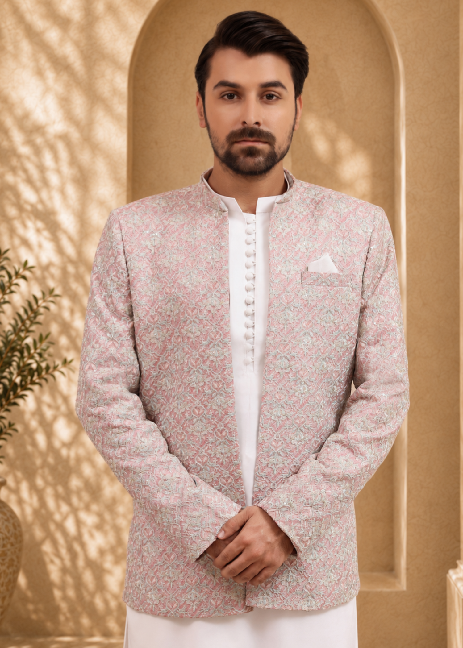 jamawar Prince Coat in Rose pink