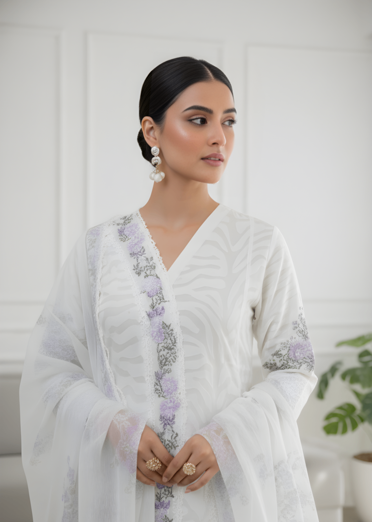 organza zari jacquard Kurta Set in White