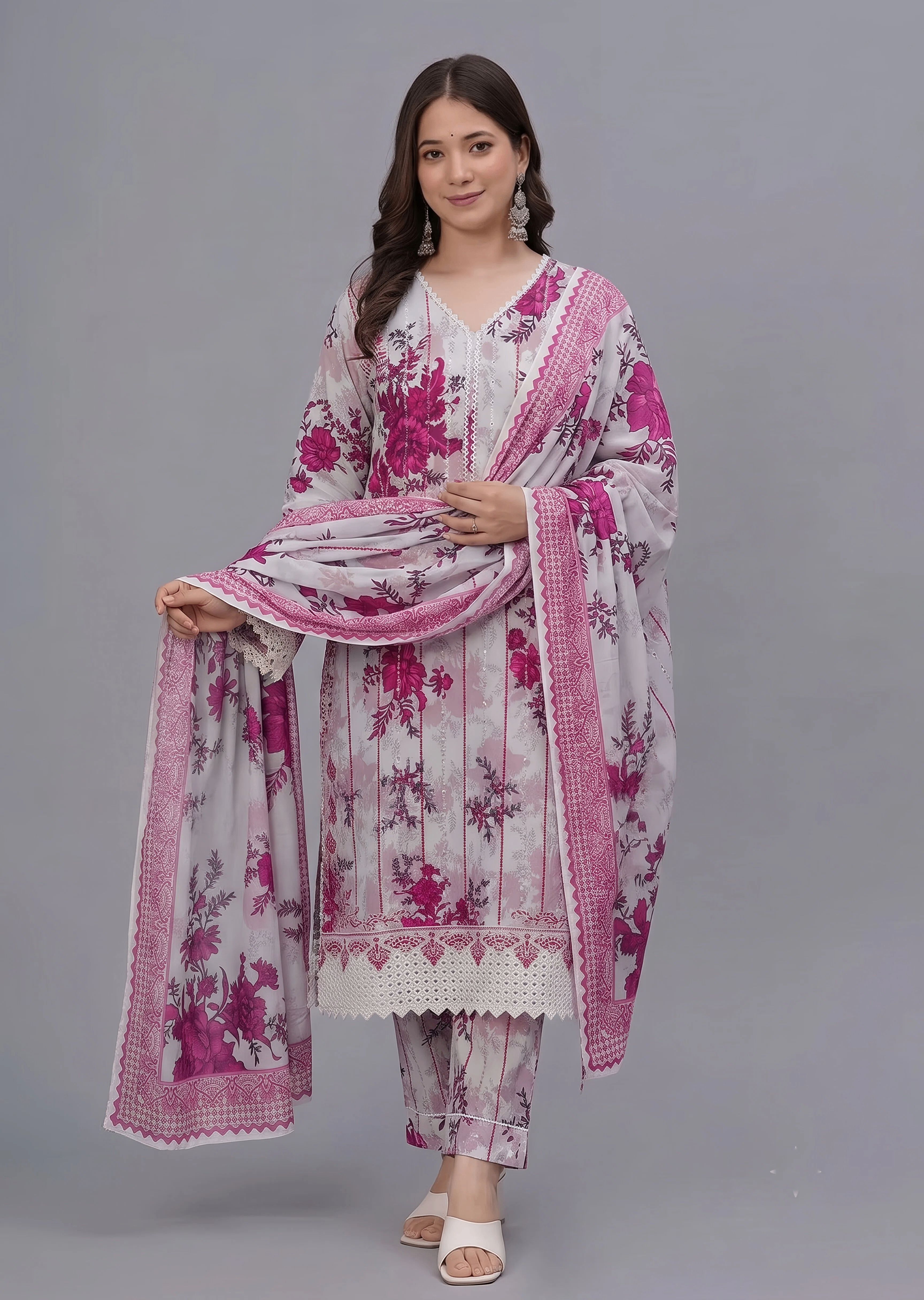 lawn cotton Kurta Set in Off-white, fuchsia pink