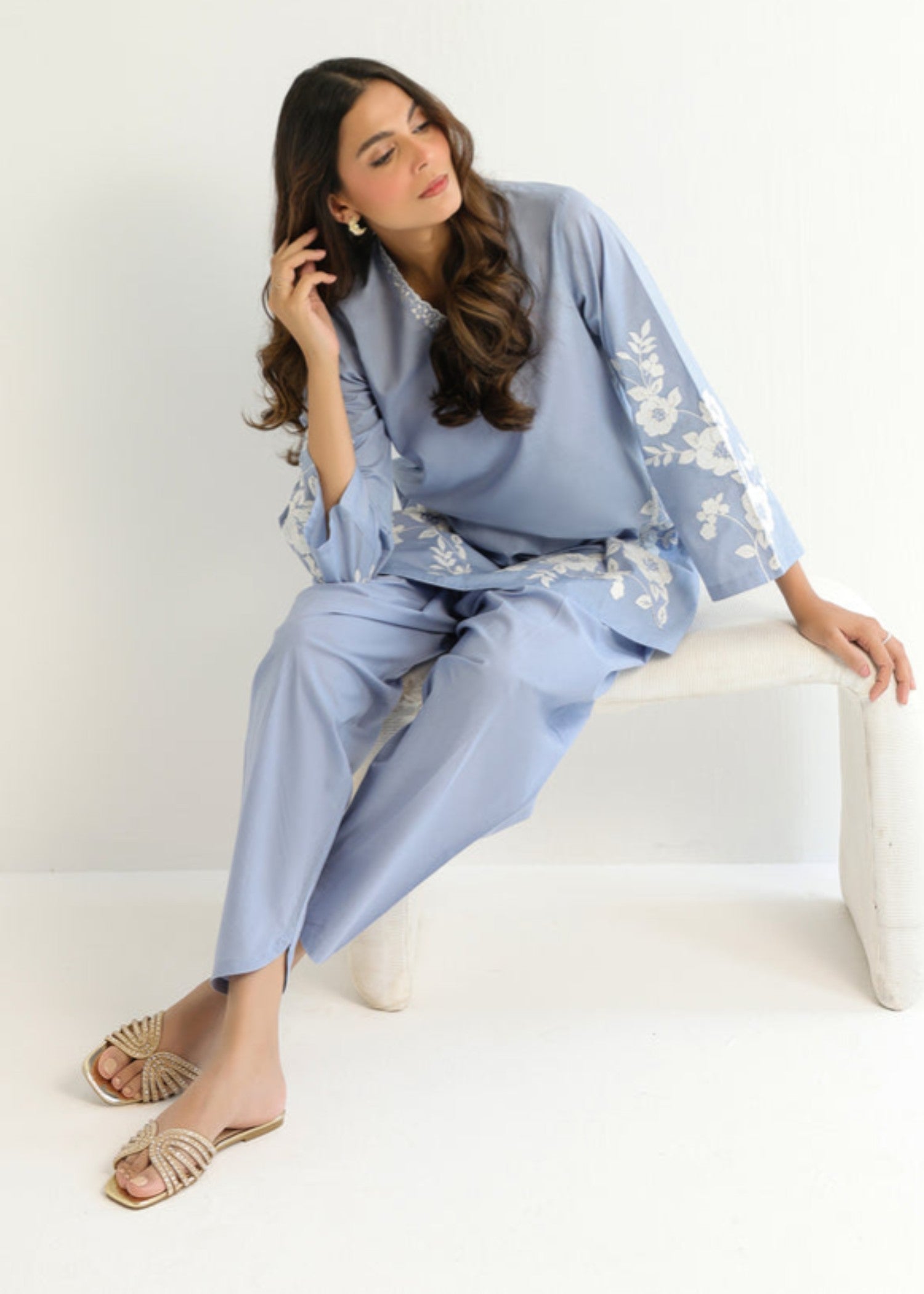 cambric Kurta Set in Light blue