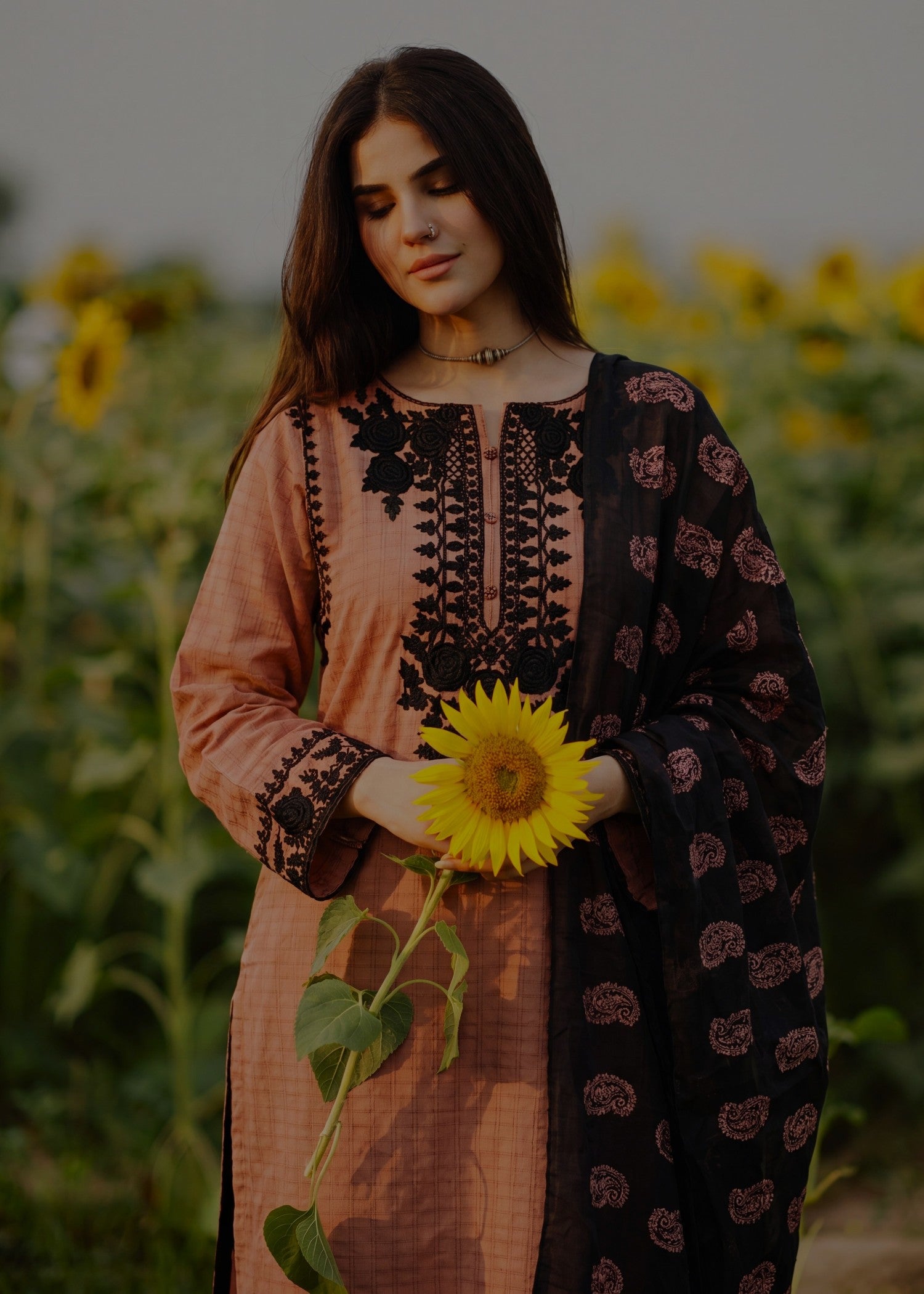 textured lawn Kurta Set in Black, pecan brown