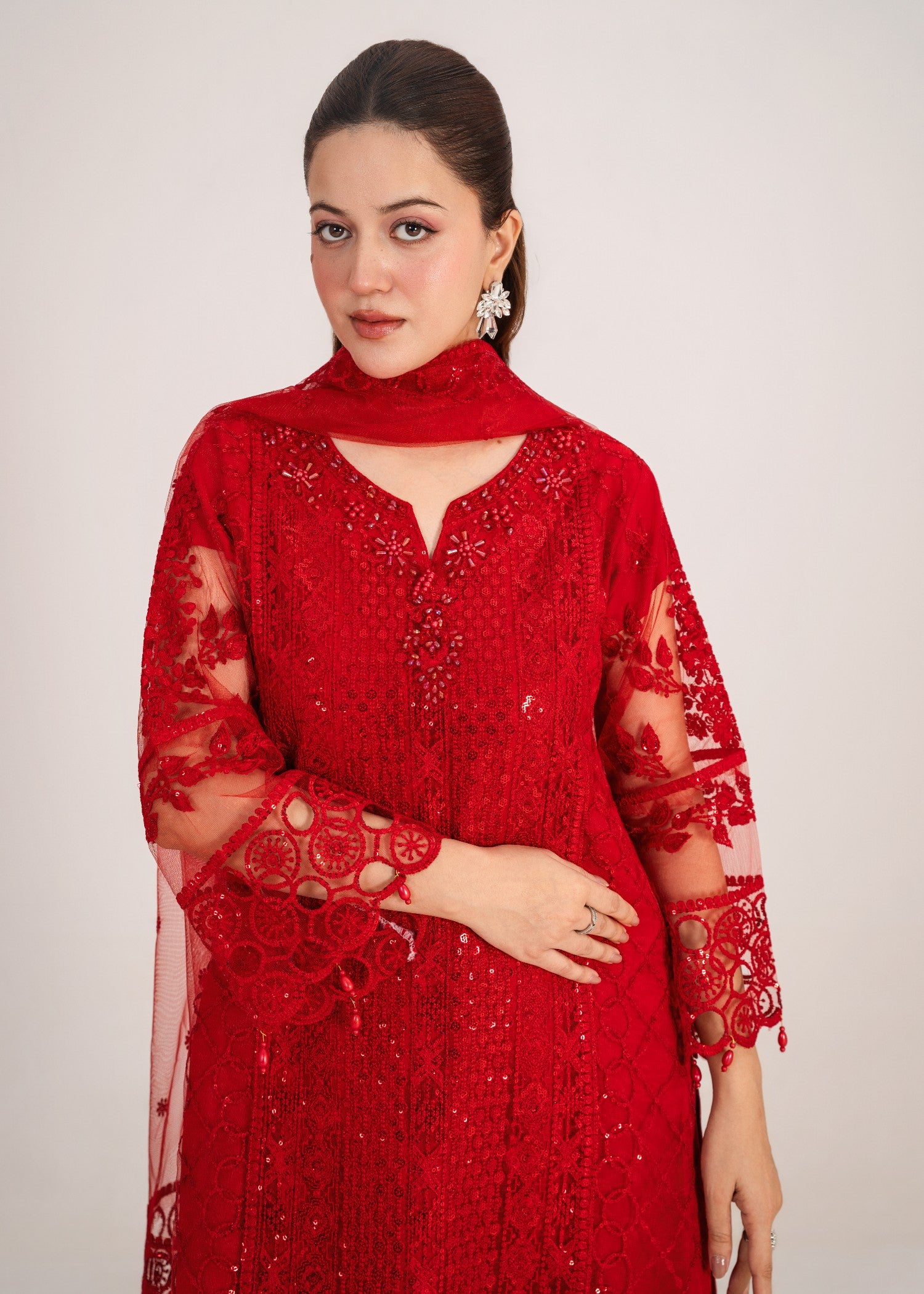 net Kurta Set in Red