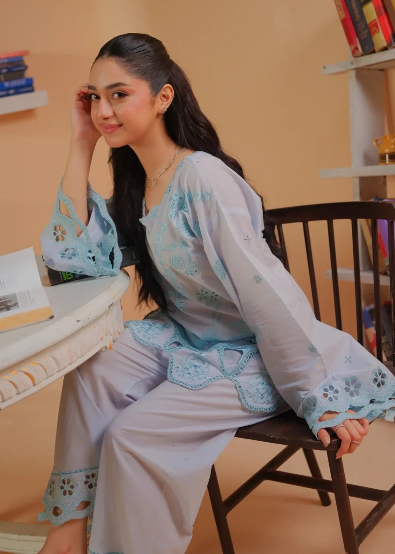 cambric Kurta Set in Ice blue