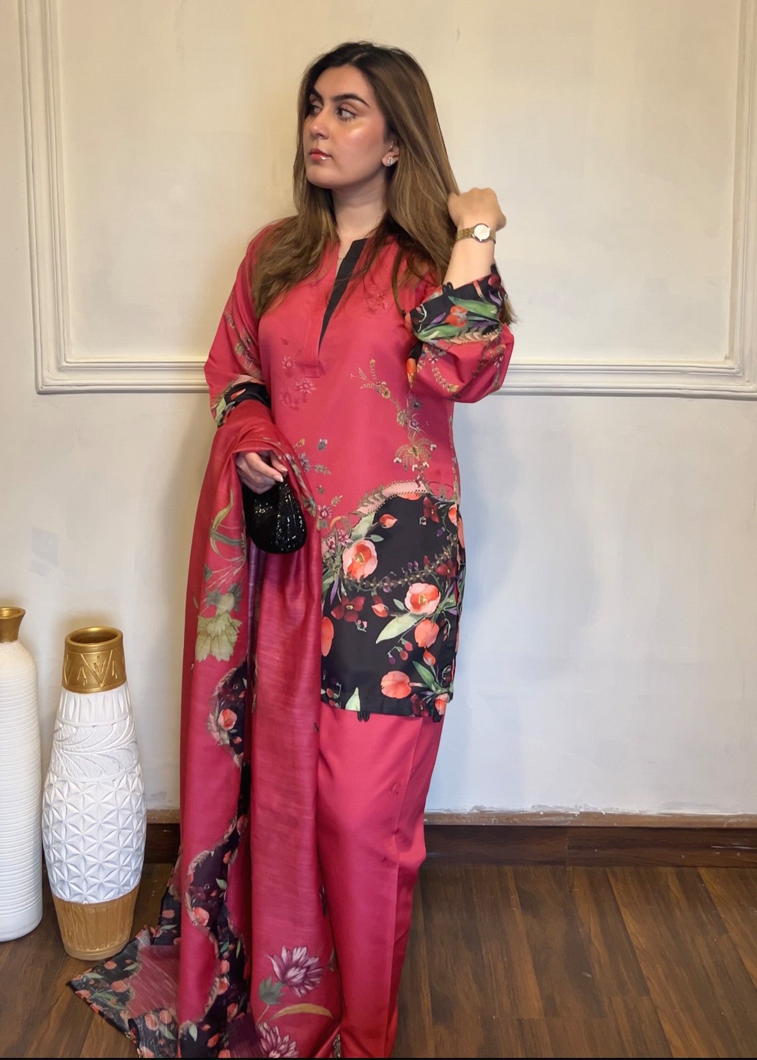 silk finish lawn Kurta Set in Multi