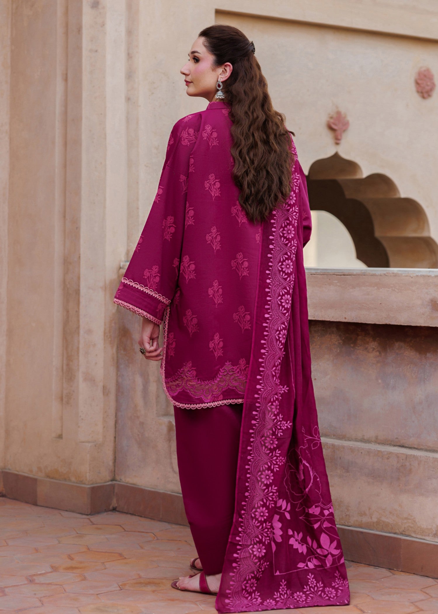 lawn cotton Kurta Set in Shocking pink