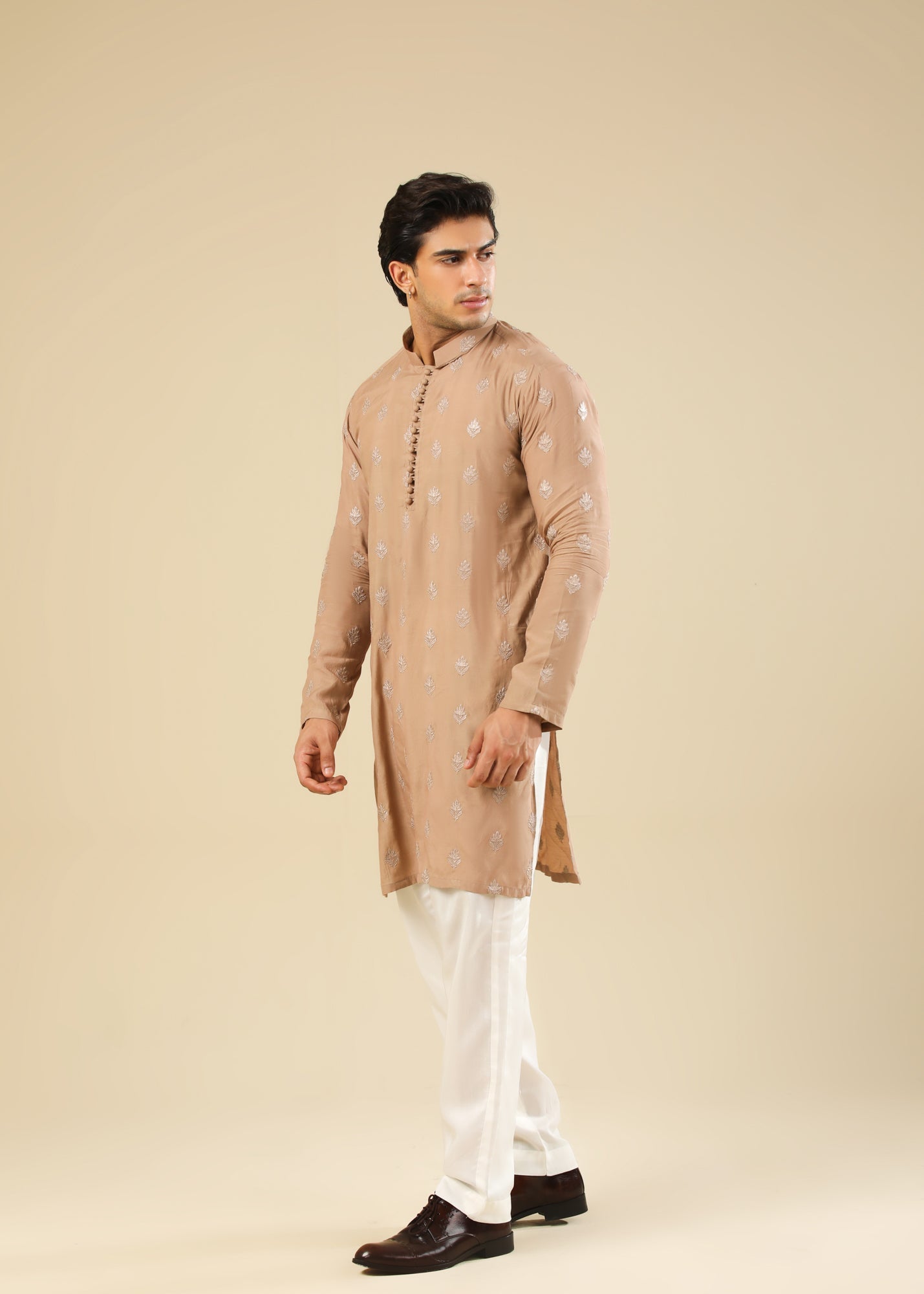 raw silk Kurta Set in White, peach orange by Muraqsh