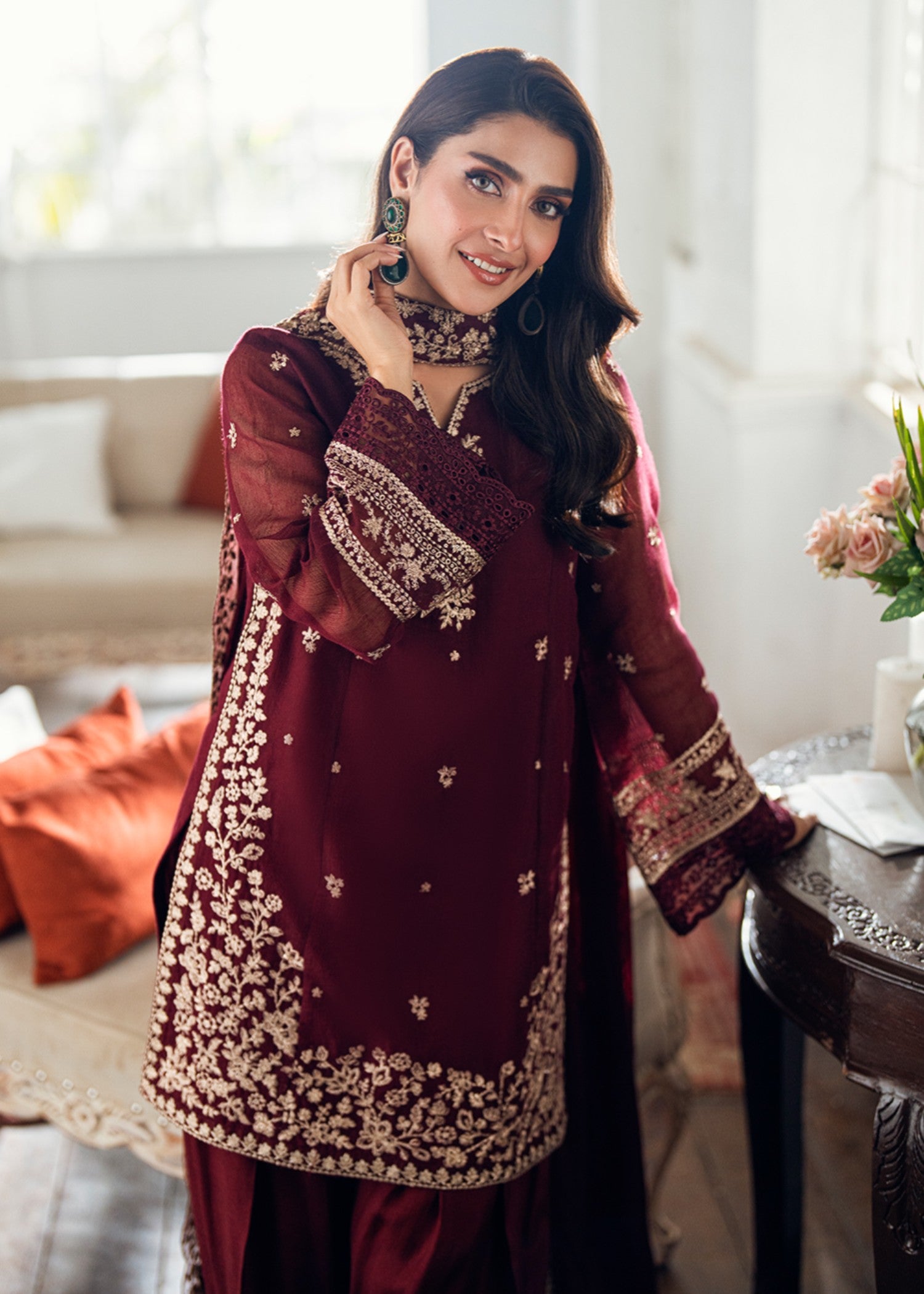 khaddi net shabnam zari Unstitched in Burgundy