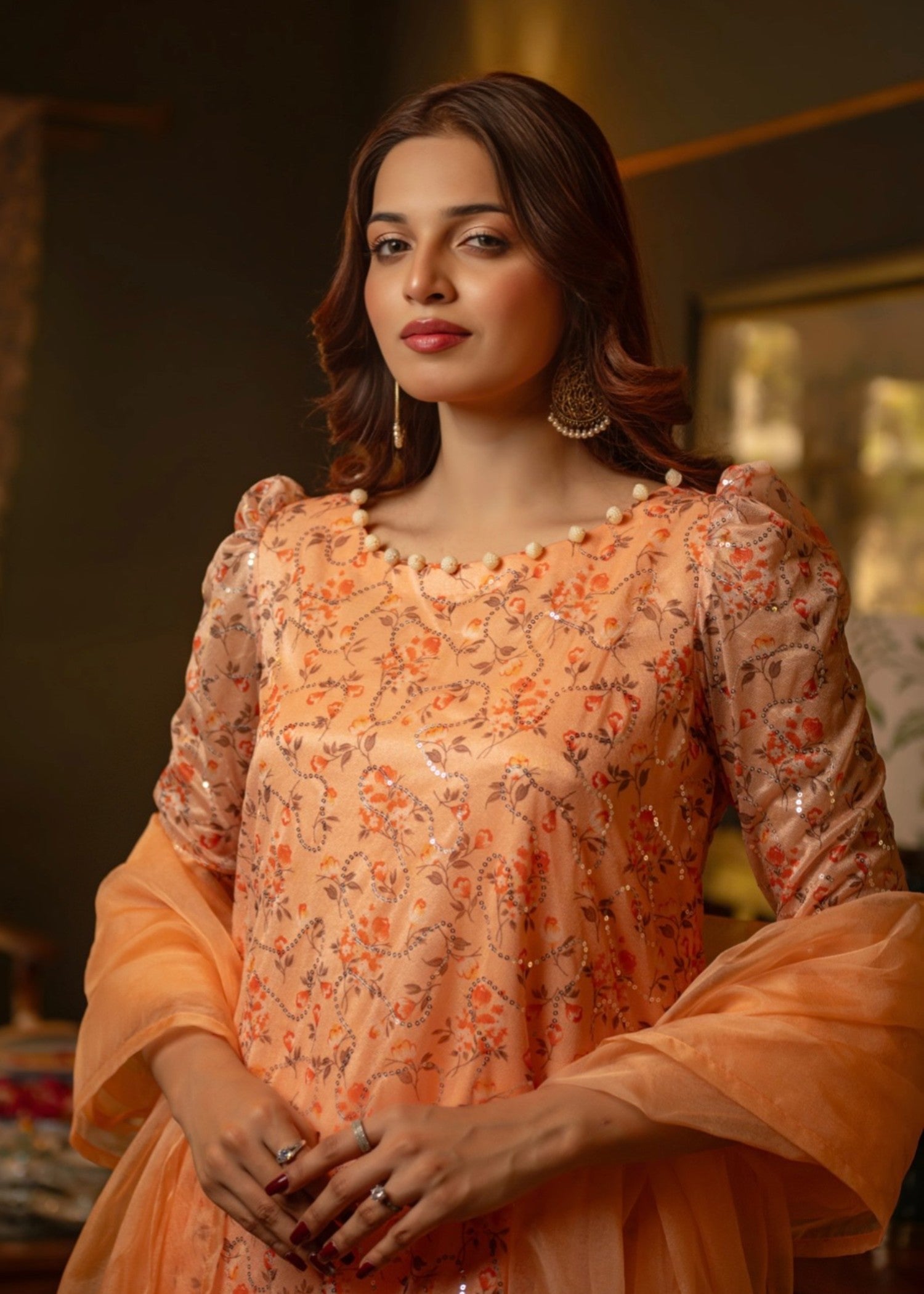 khaddi net Kurta Set in Peach pink