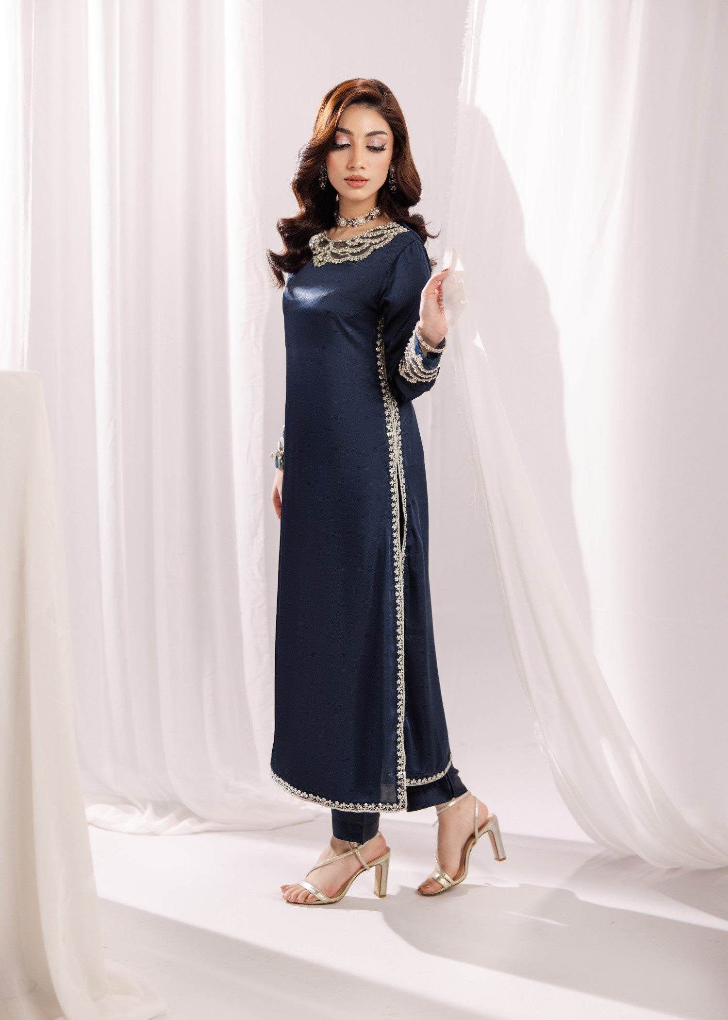 silk Kurta Set in Prussian blue