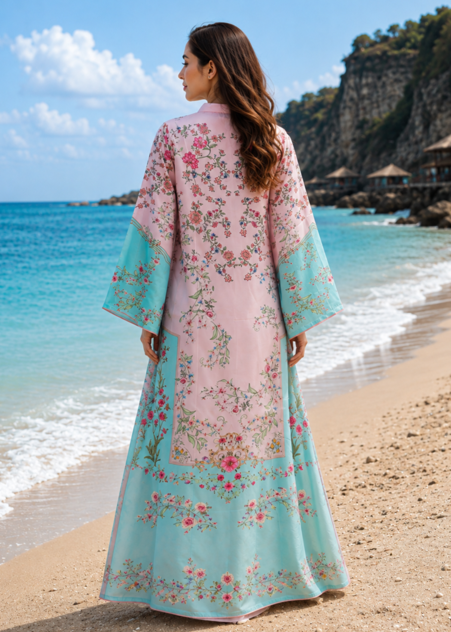 silk charmeuse Kaftan in Baby pink, sky