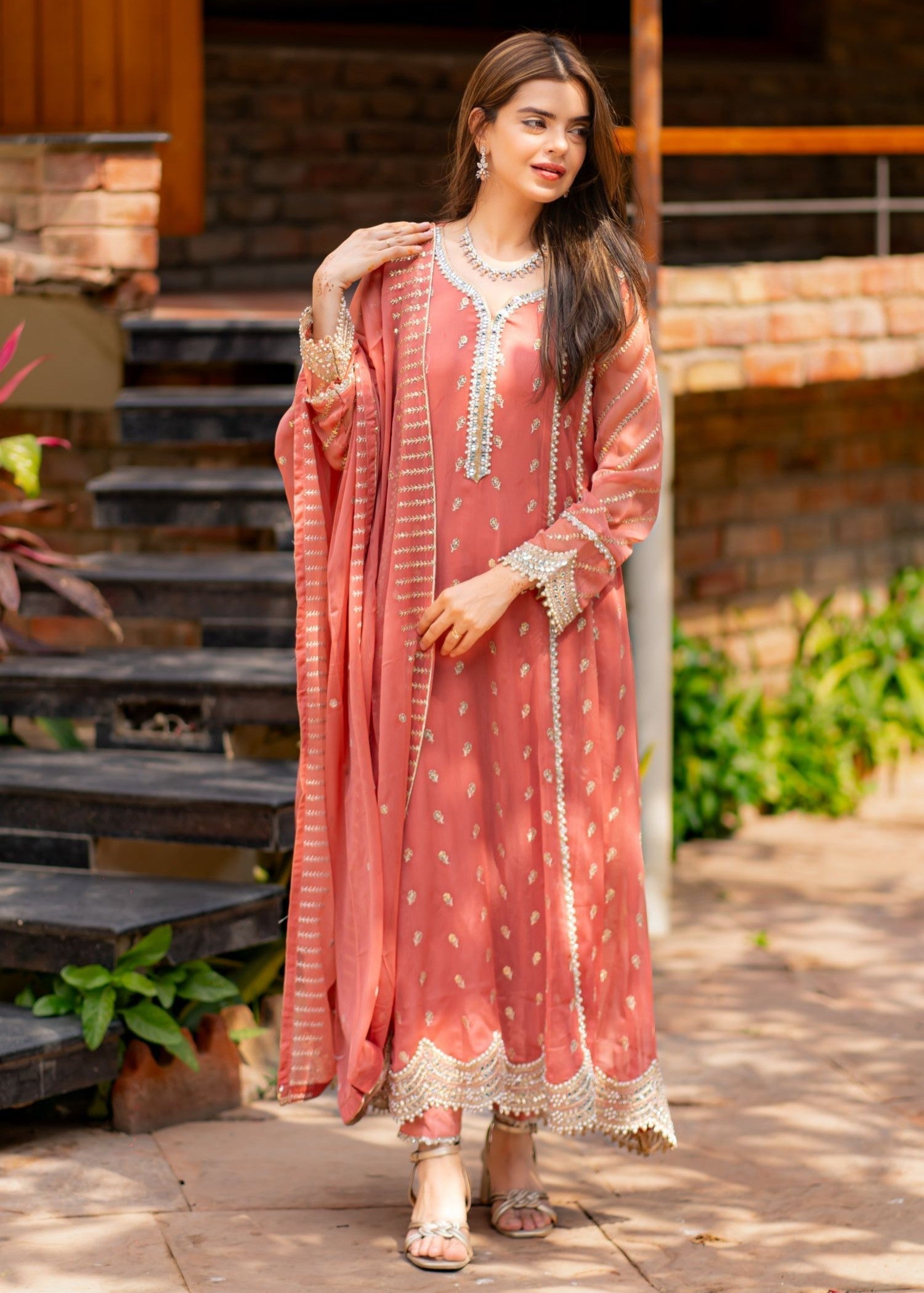 chiffon Pishwas in Peach pink