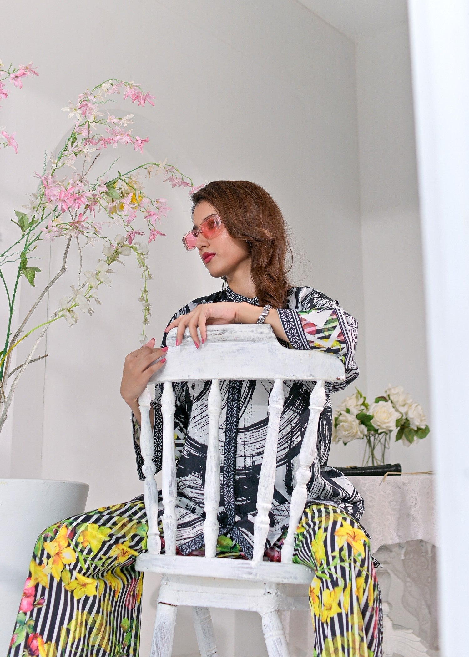 raw silk Unstitched in White, black