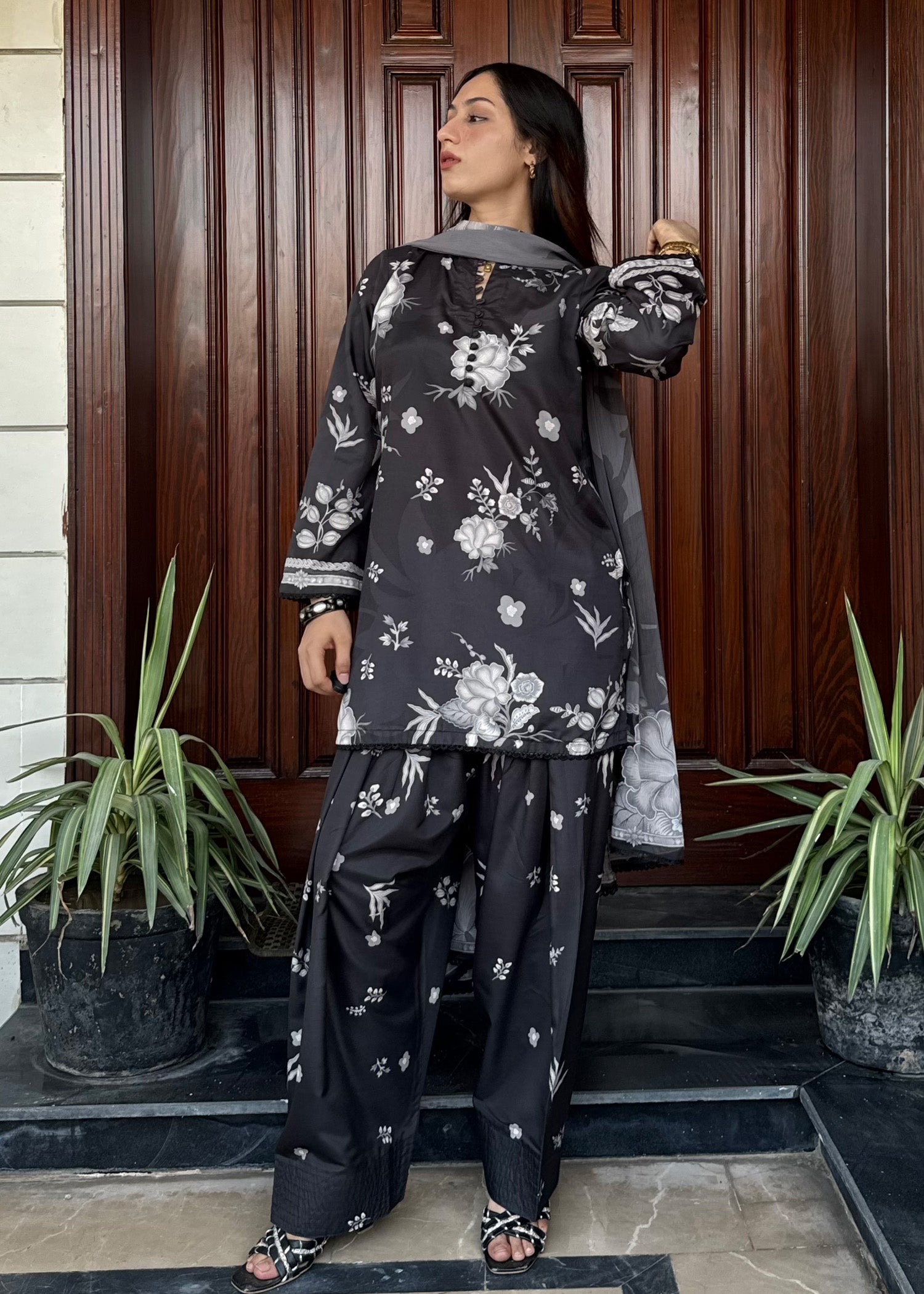 silk finish lawn Kurta Set in Black