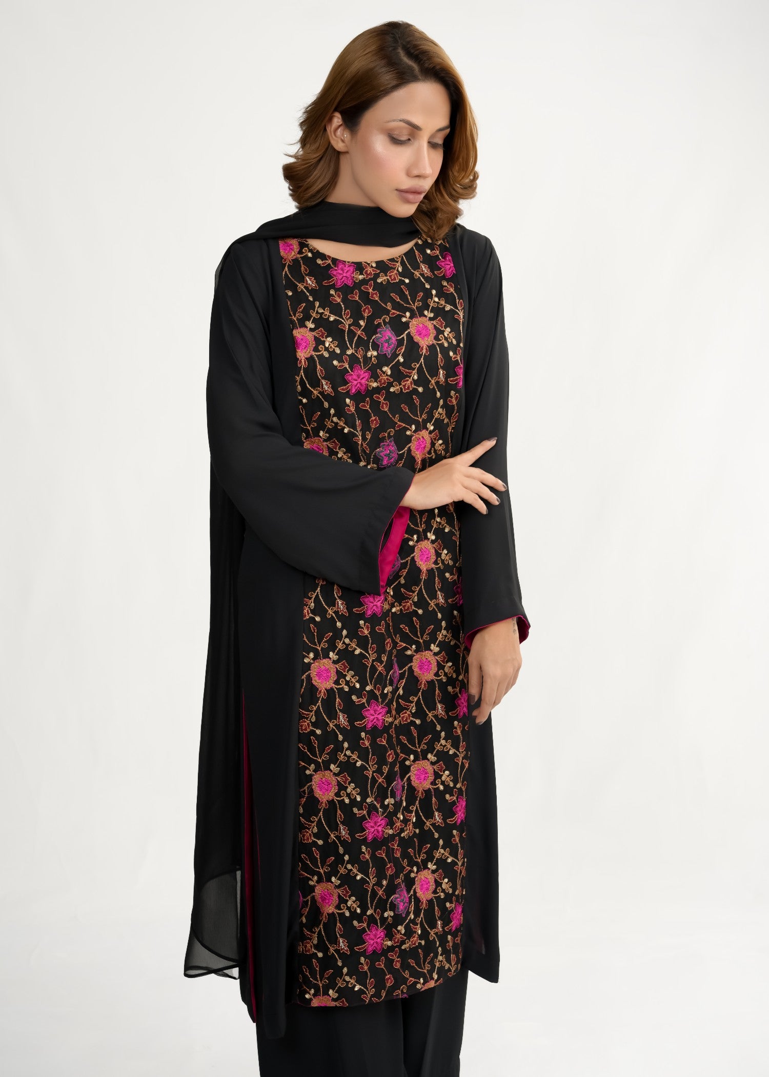 georgette Kurta Set in Black, shocking pink