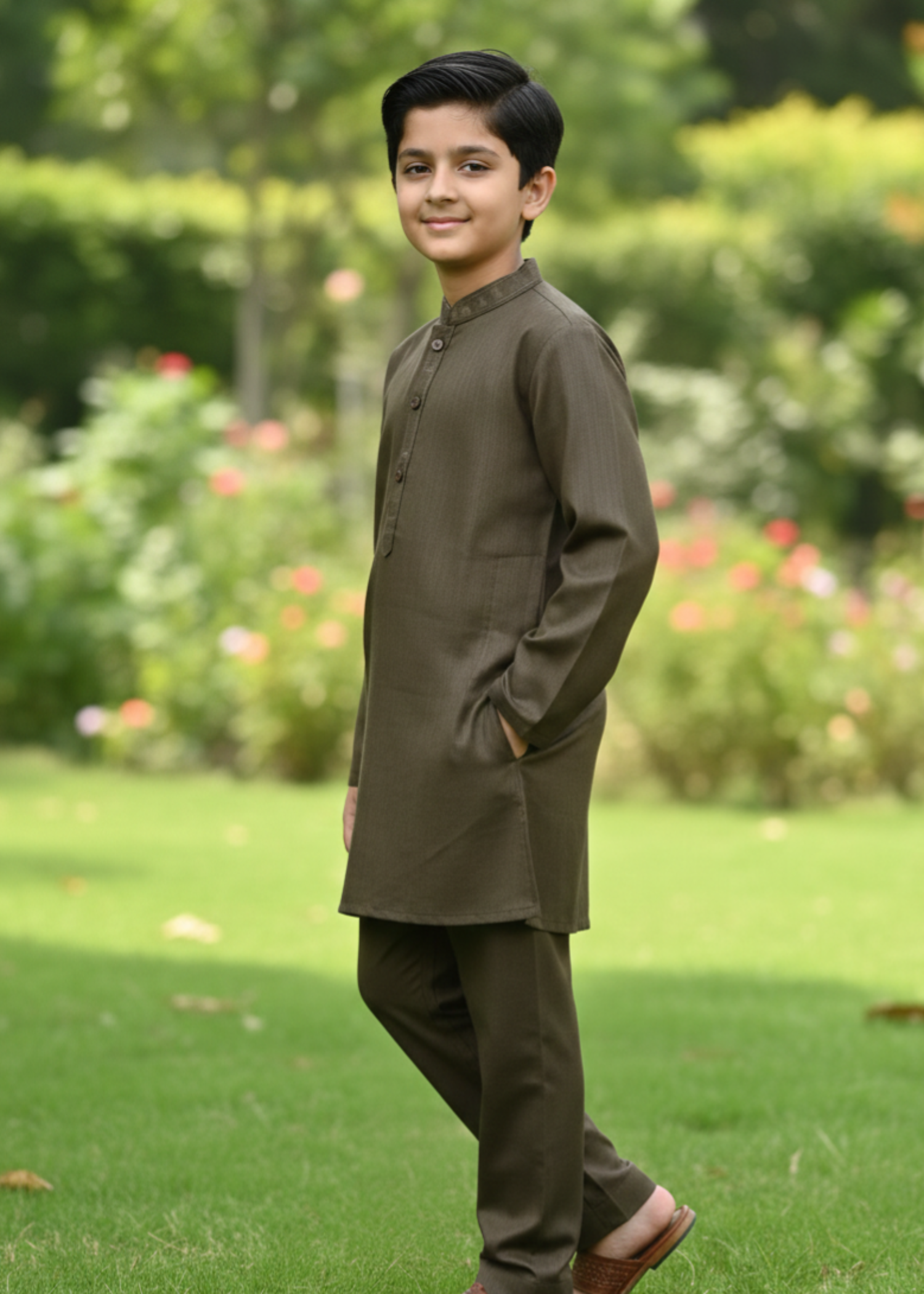 textured wash & wear Kurta Set in Umber brown