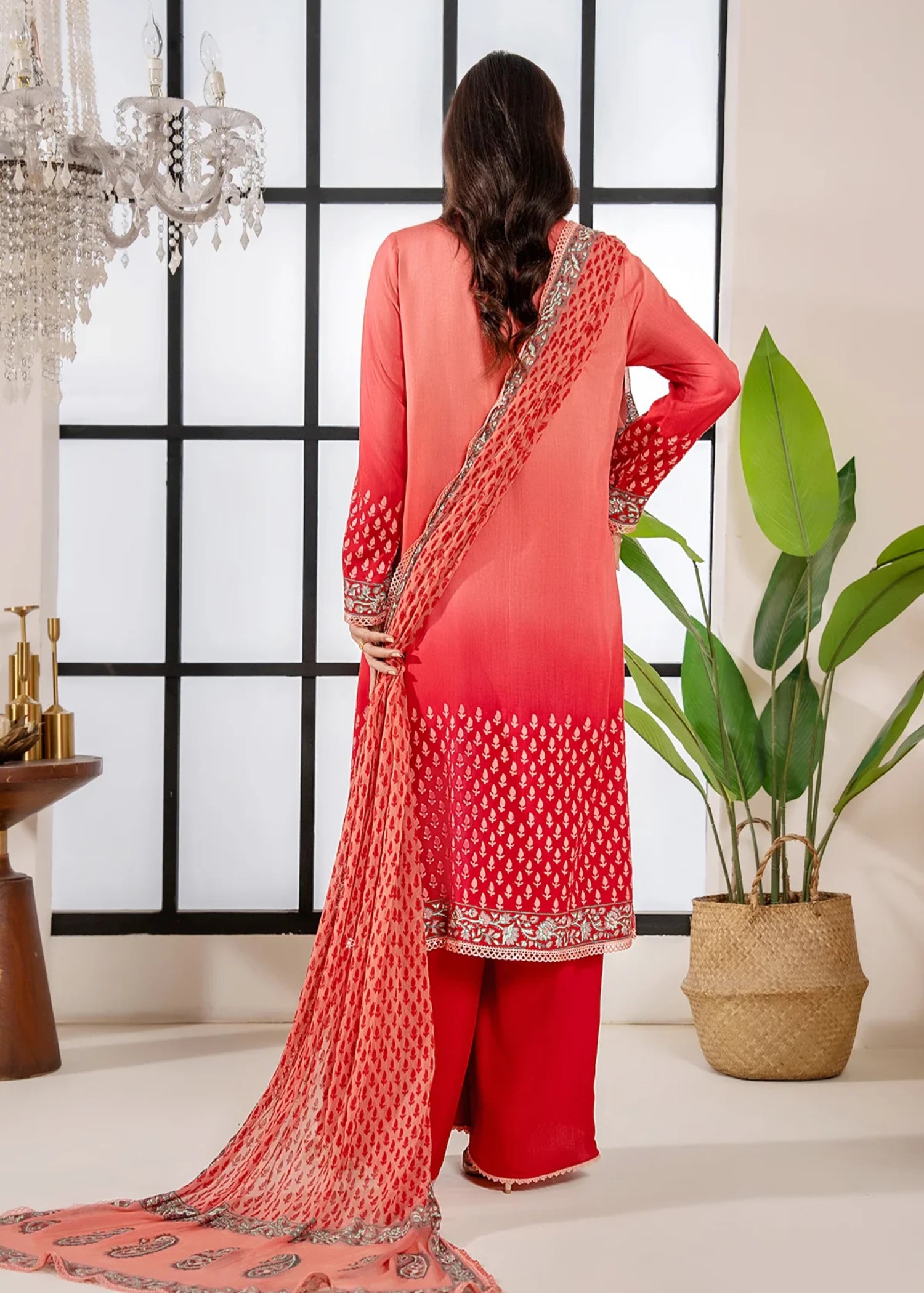 raw silk Unstitched in Coral pink