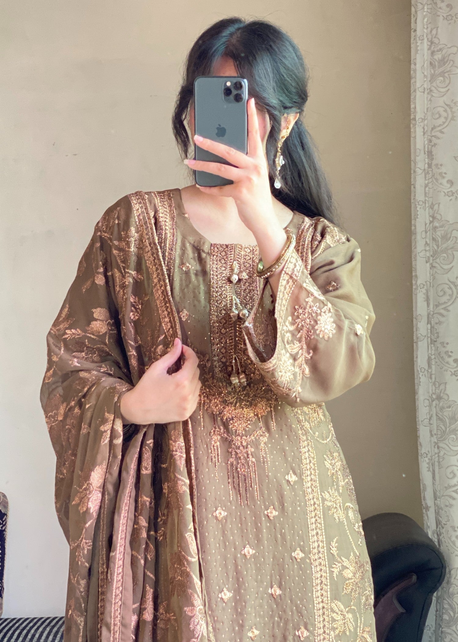 chiffon Kurta Set in Chocolate brown