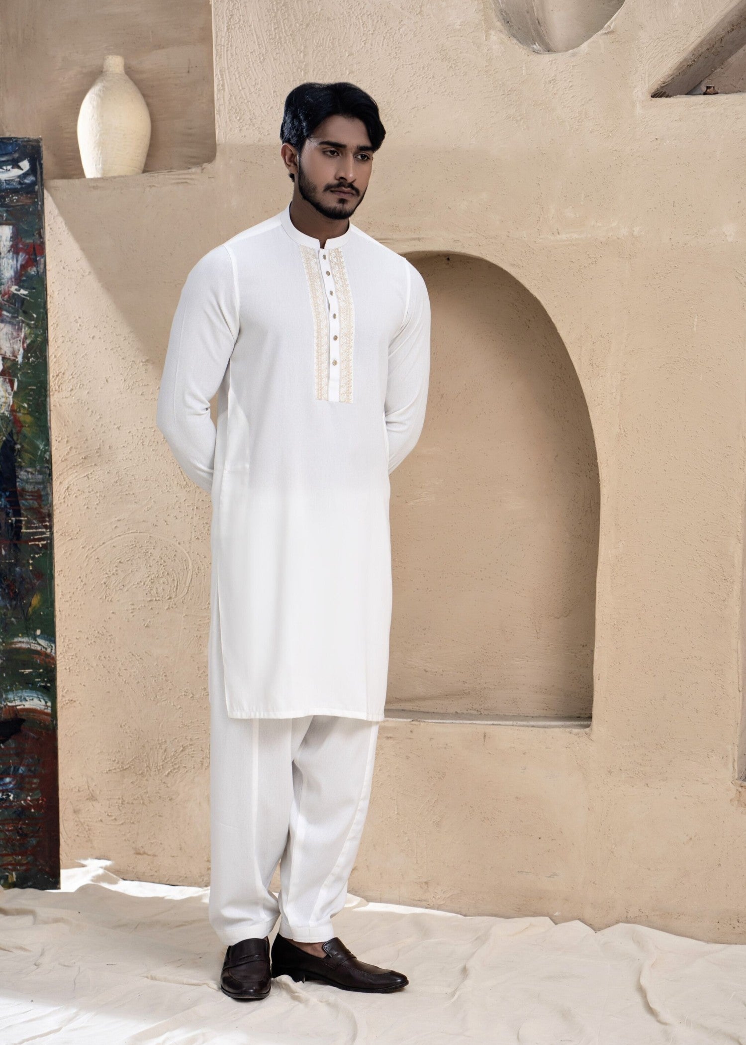 viscose raw silk Kurta Set in Beige, ivory