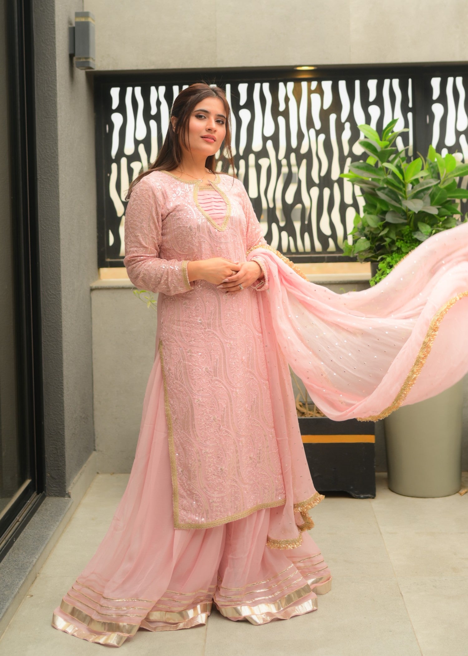 bemberg crinkle chiffon Sharara in Pink
