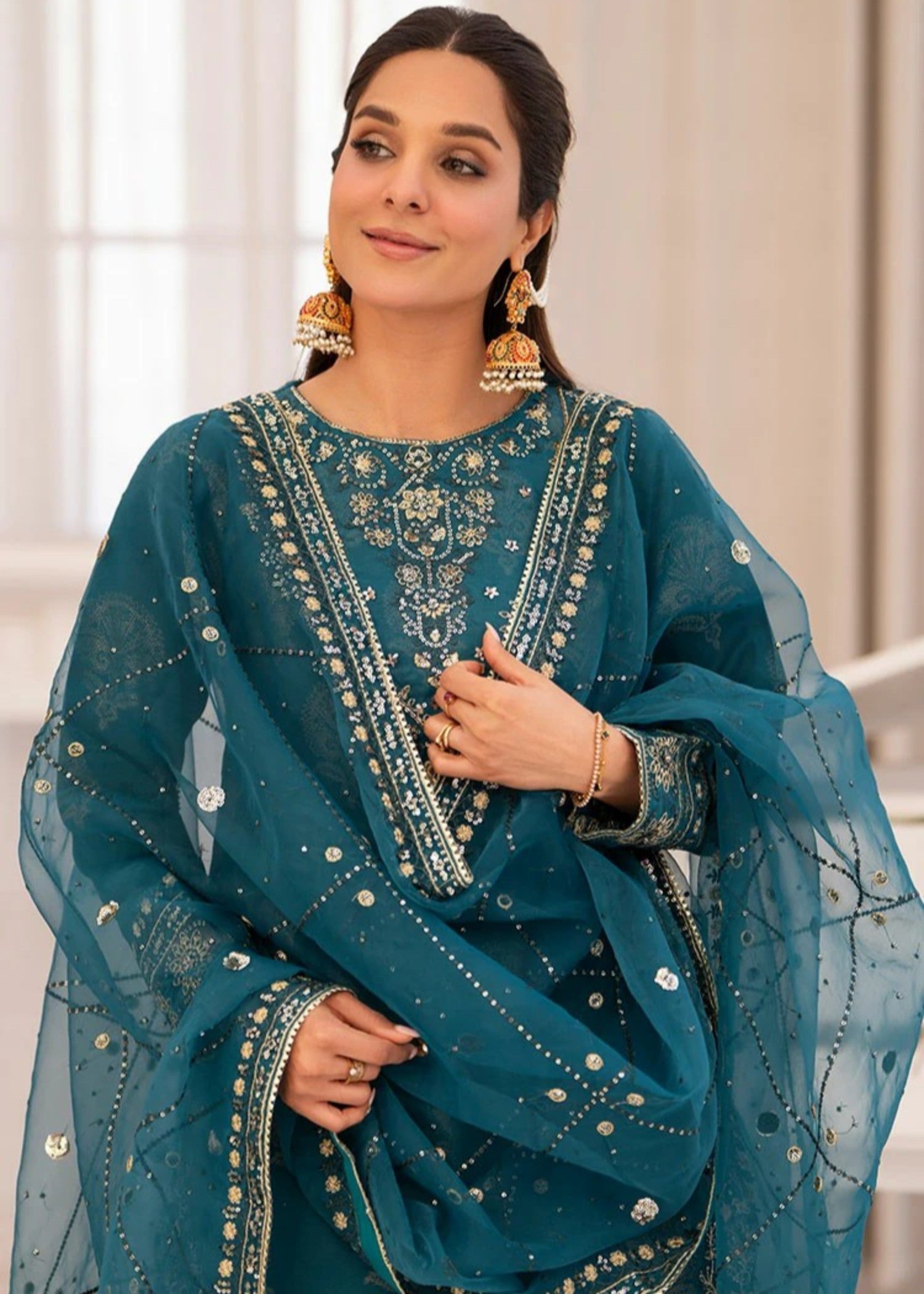jacquard Kurta Set in Teal