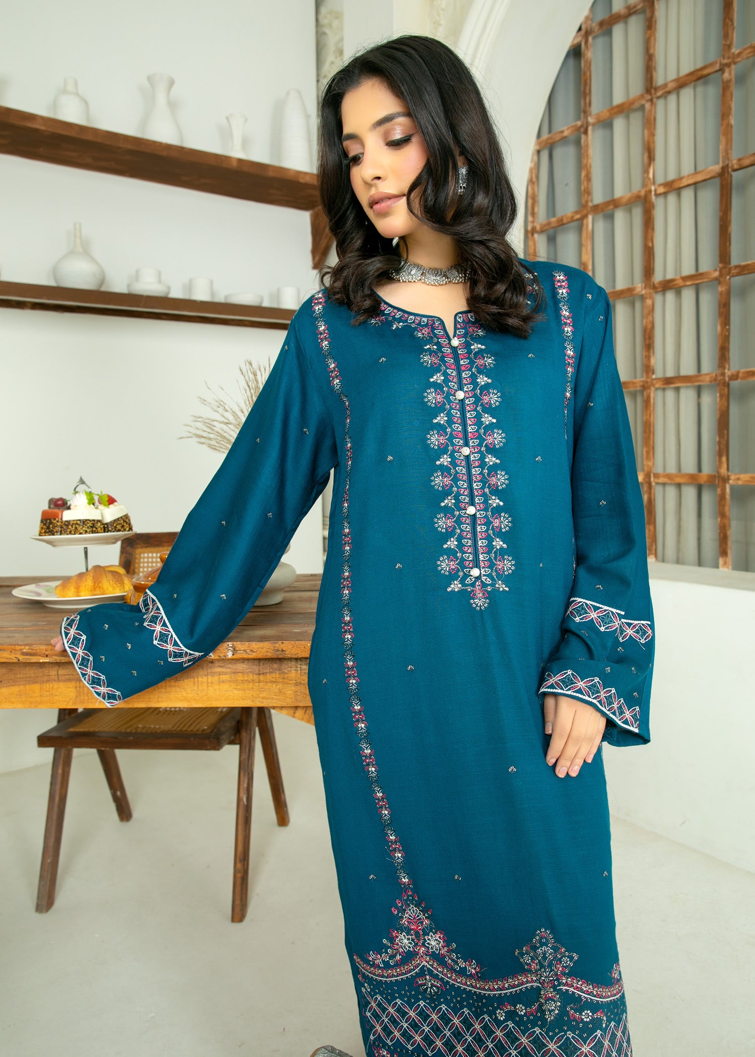 peach wool Kurta Set in Teal