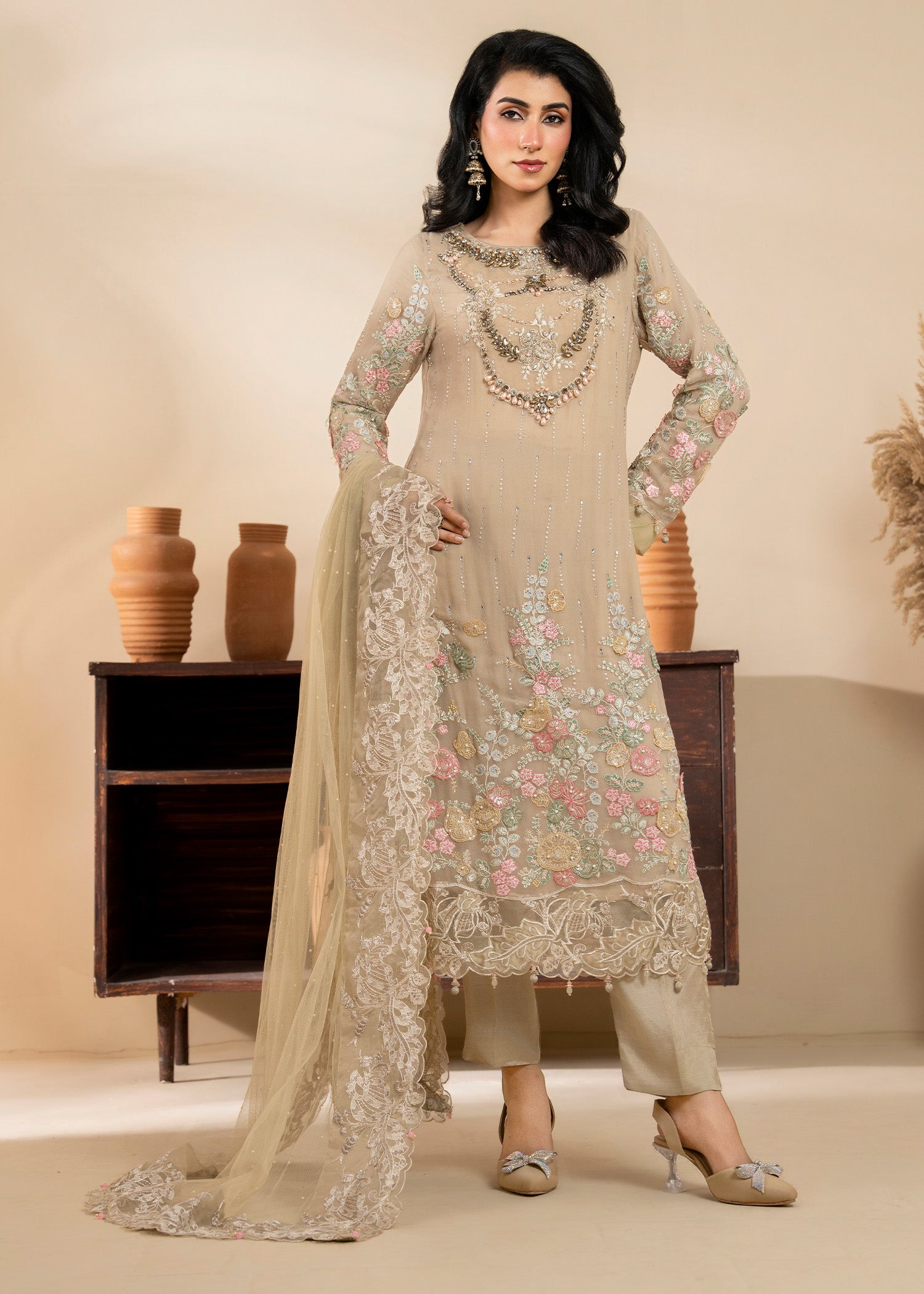 chiffon Kurta Set in Tan brown