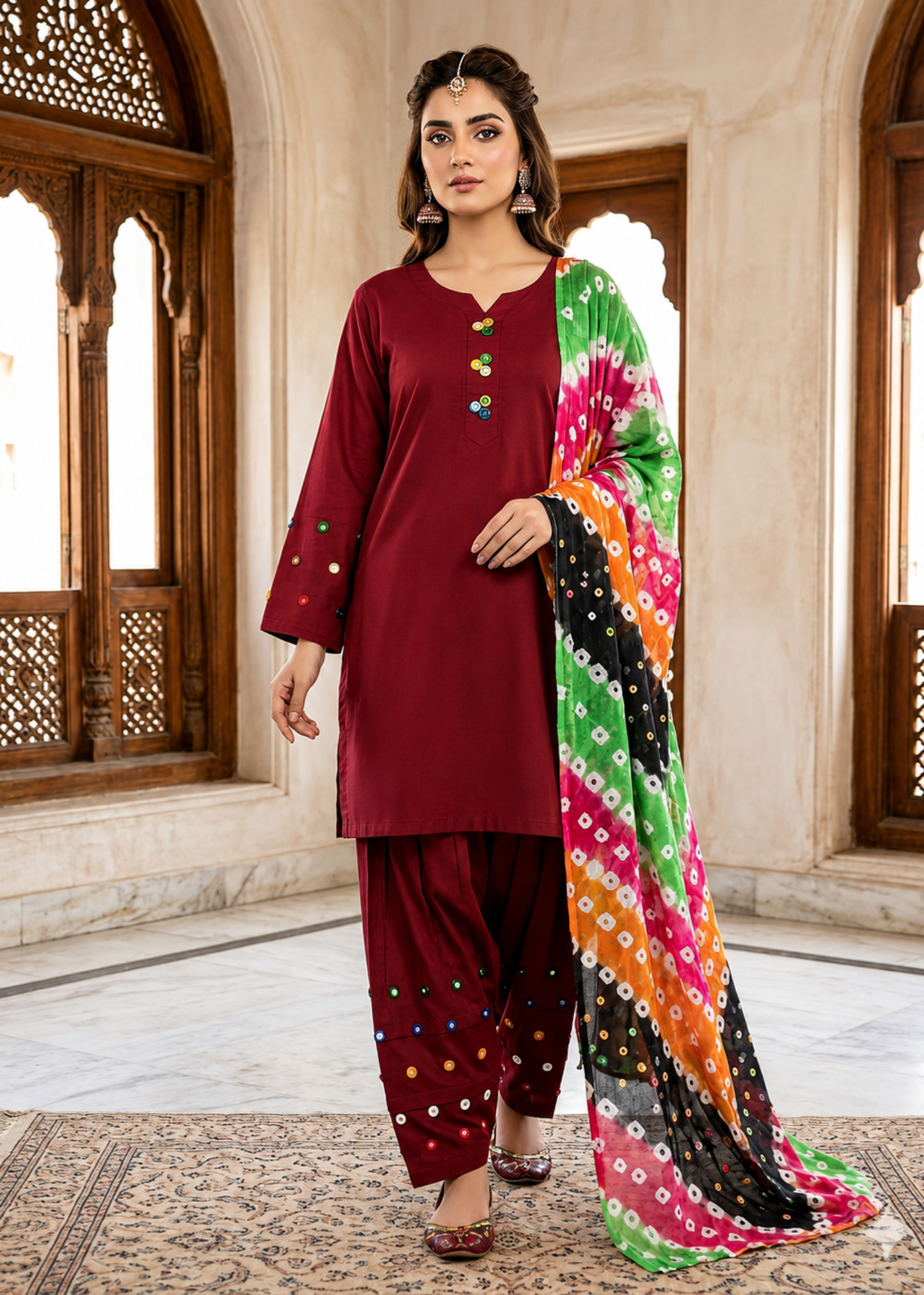lawn cotton Kurta Set in Persian red