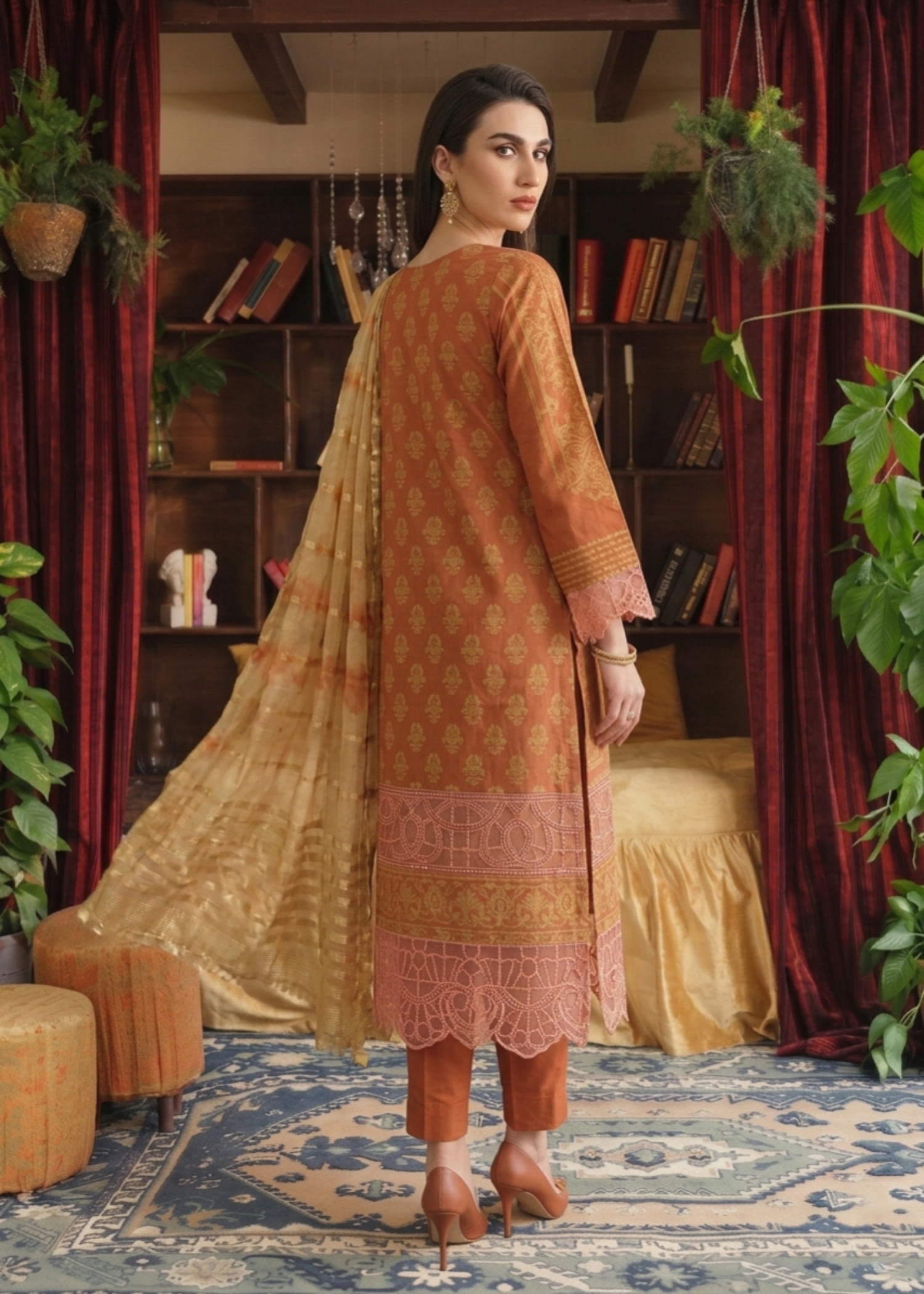 jacquard Kurta Set in Yellow-orange