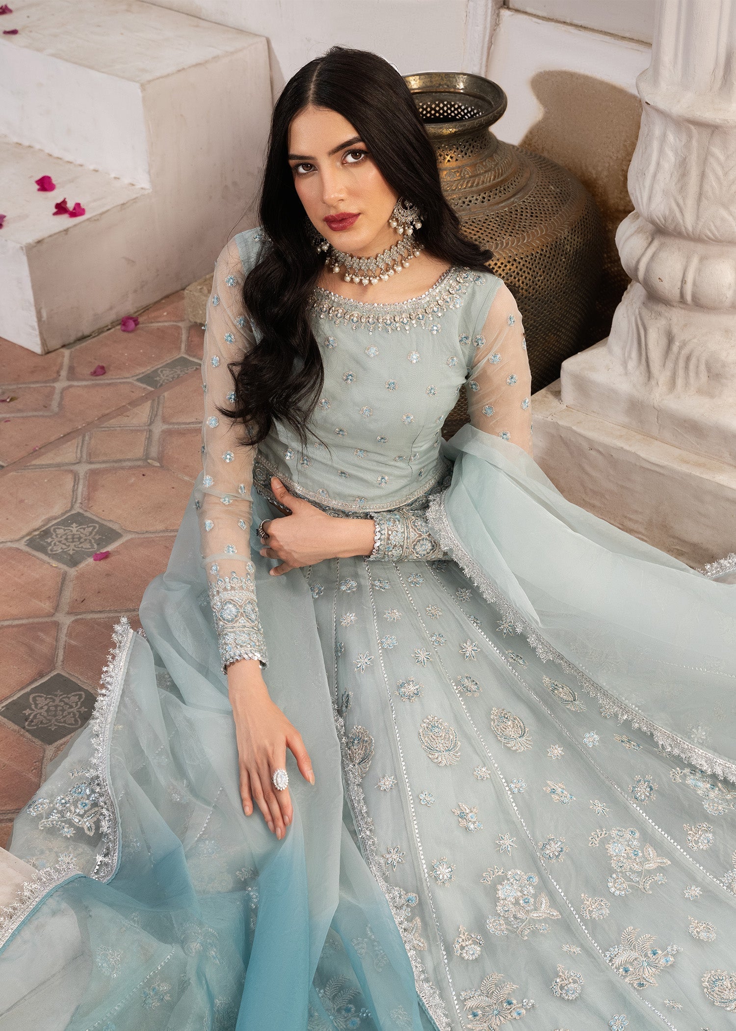 organza Lehenga in Ice blue