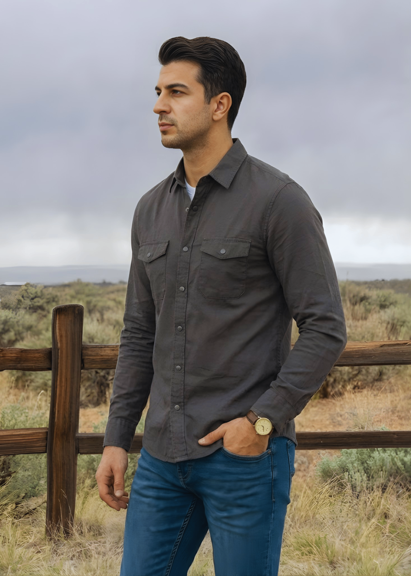 stretch denim Casual Shirt in Brown