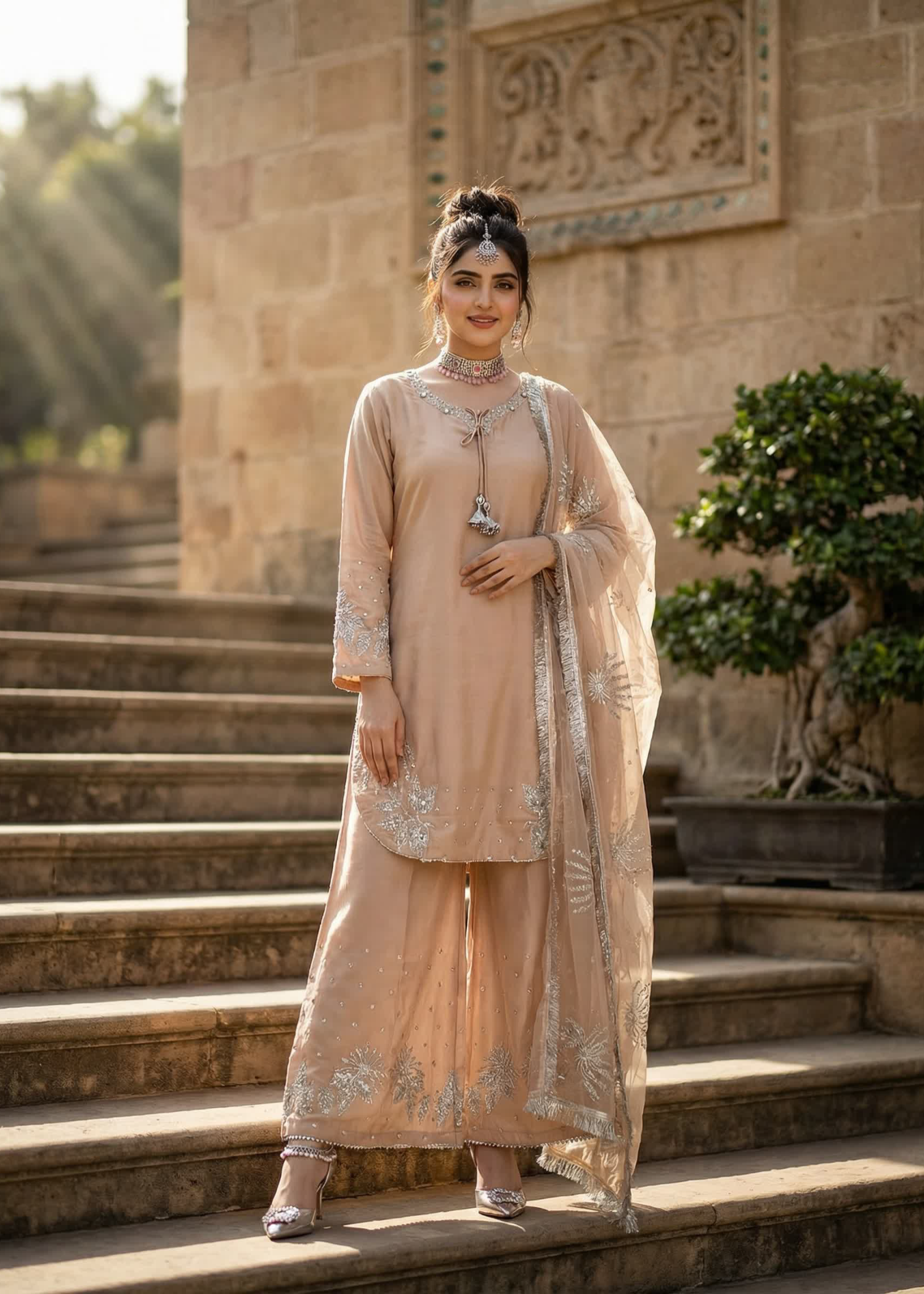 kattan silk Kurta Set in Peach pink