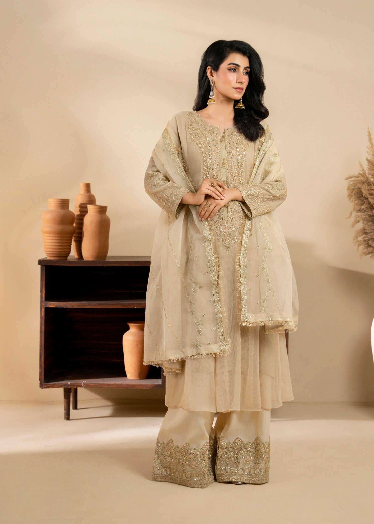 crinkle chiffon Pishwas in Beige