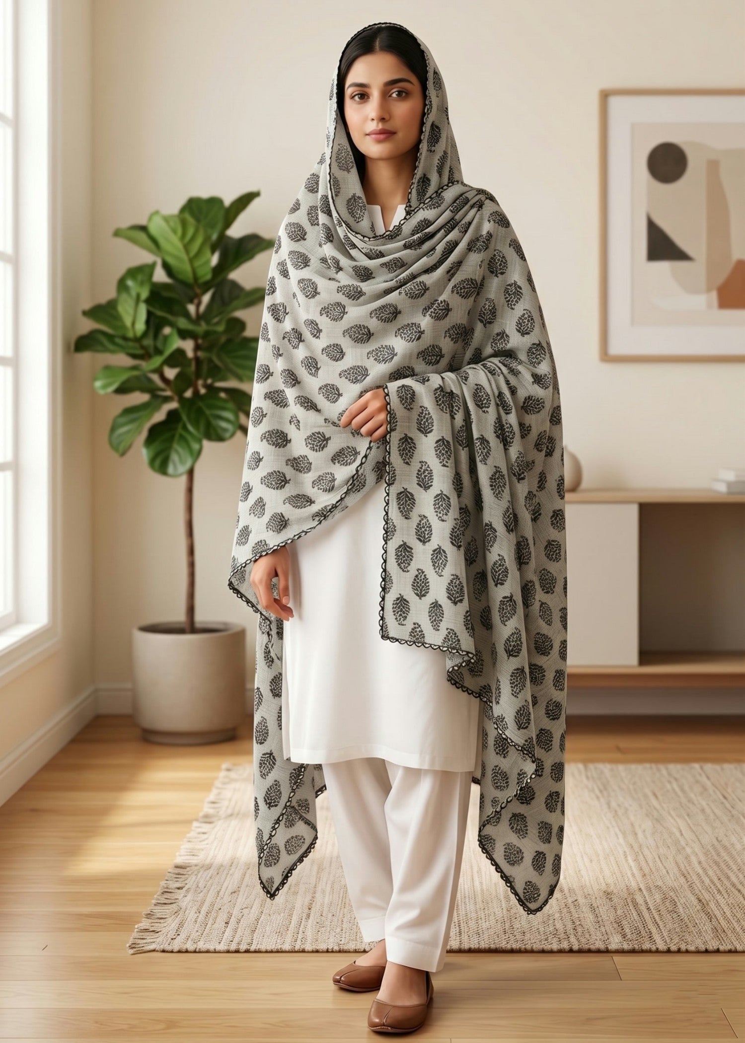 lawn Chaddar in Black, tea green