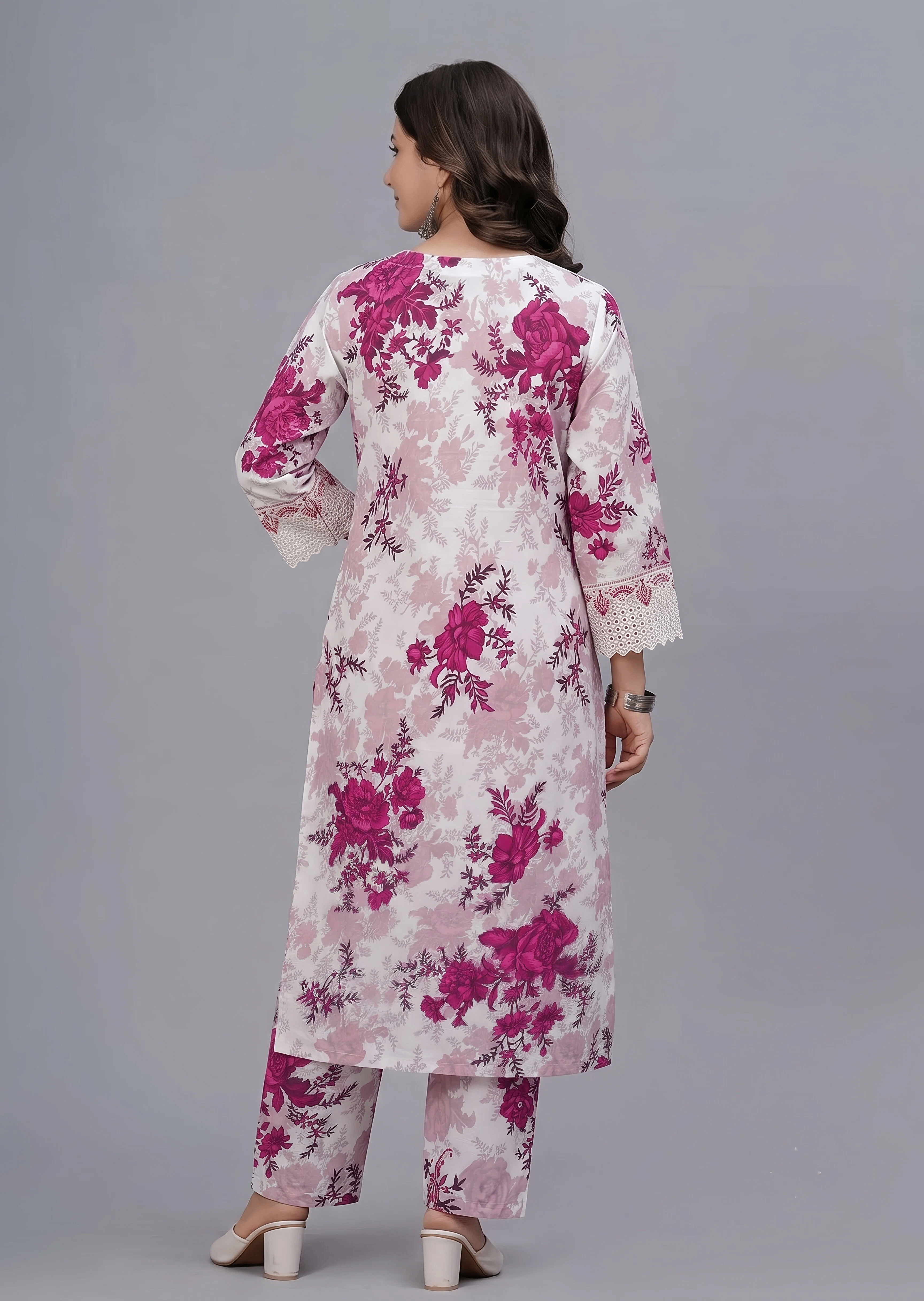 lawn cotton Kurta Set in Off-white, fuchsia pink