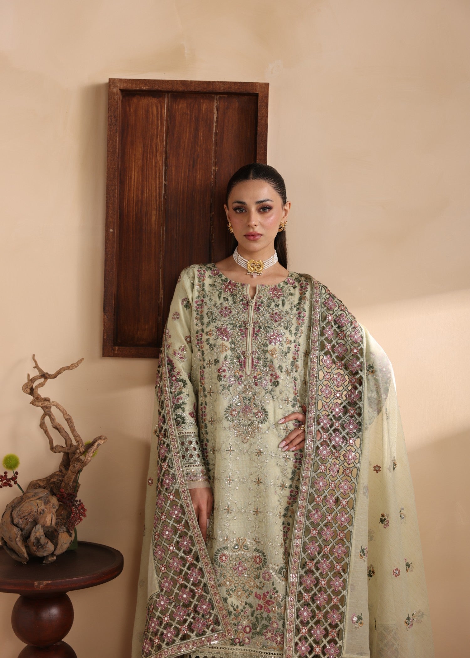 khaddi net Kurta Set in Pistachio green