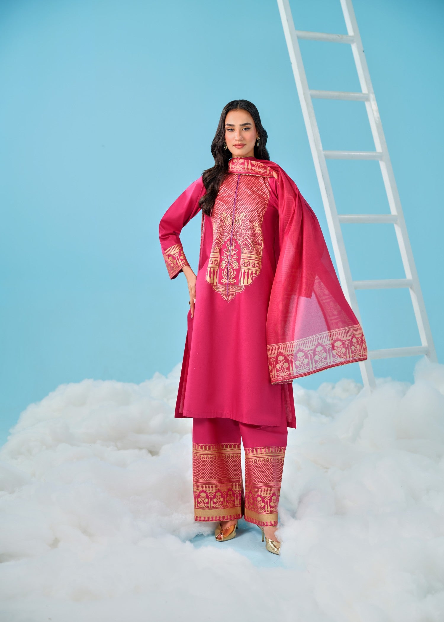 cambric cotton Kurta Set in Hot pink