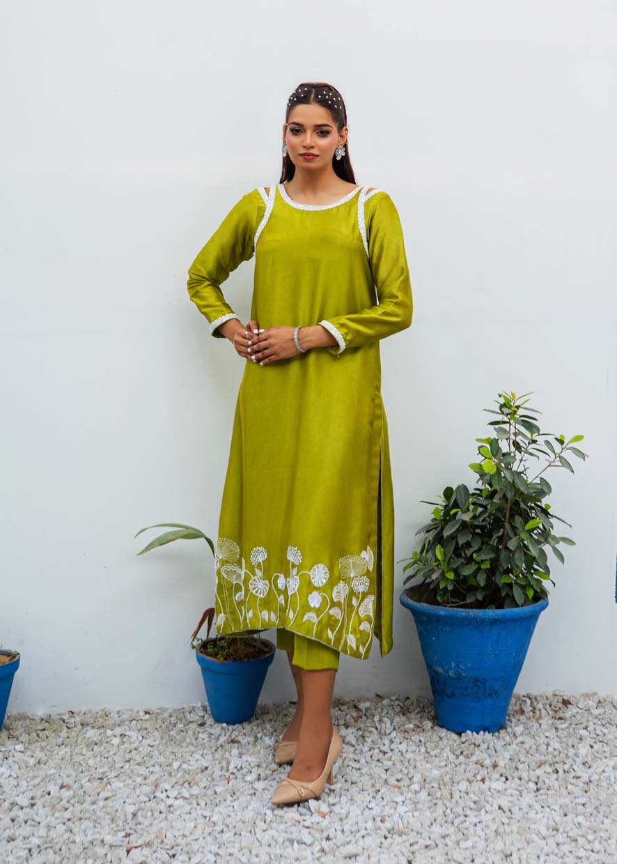 pure silk Kurta Set in Lime green