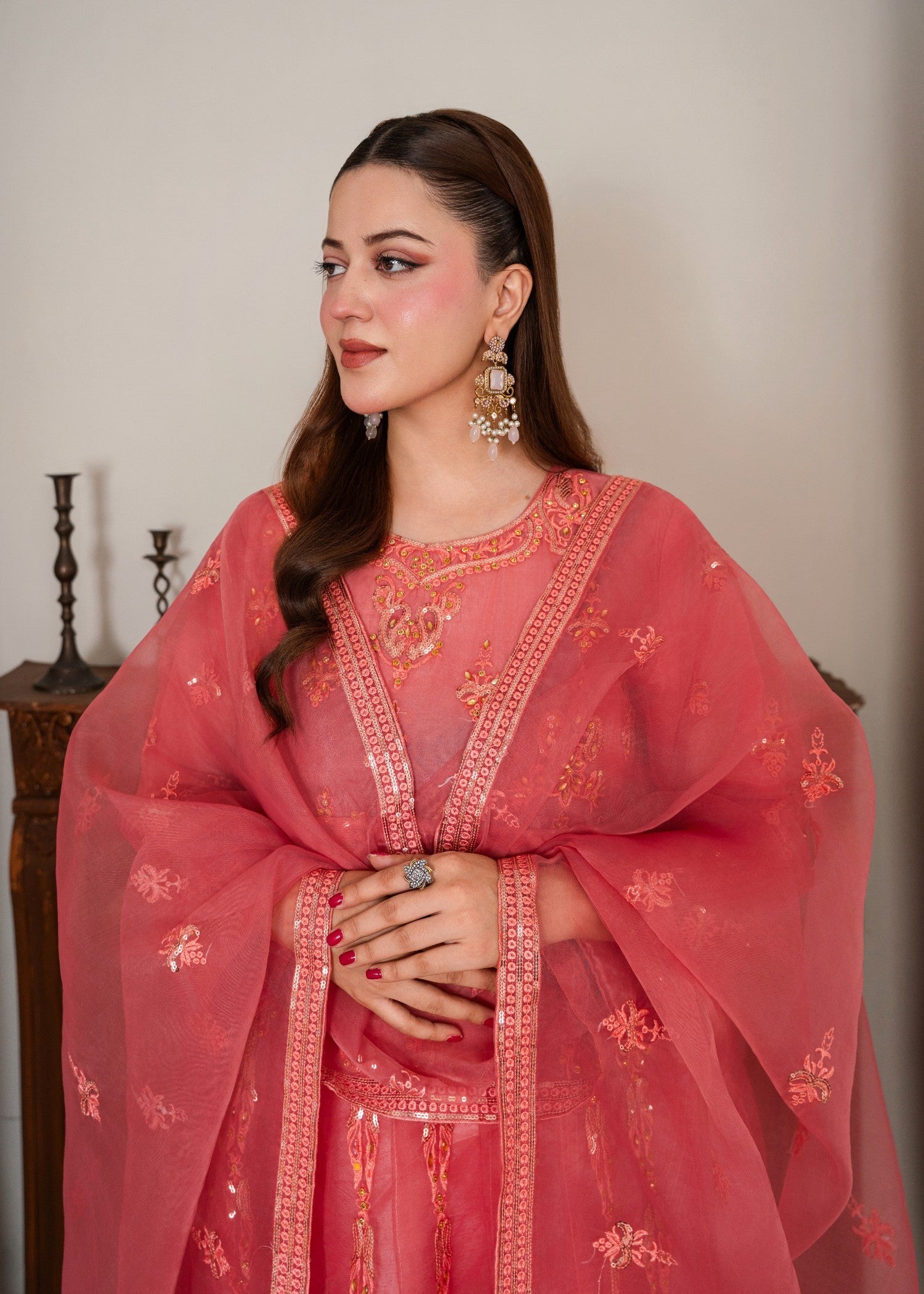 organza Pishwas in Peach pink